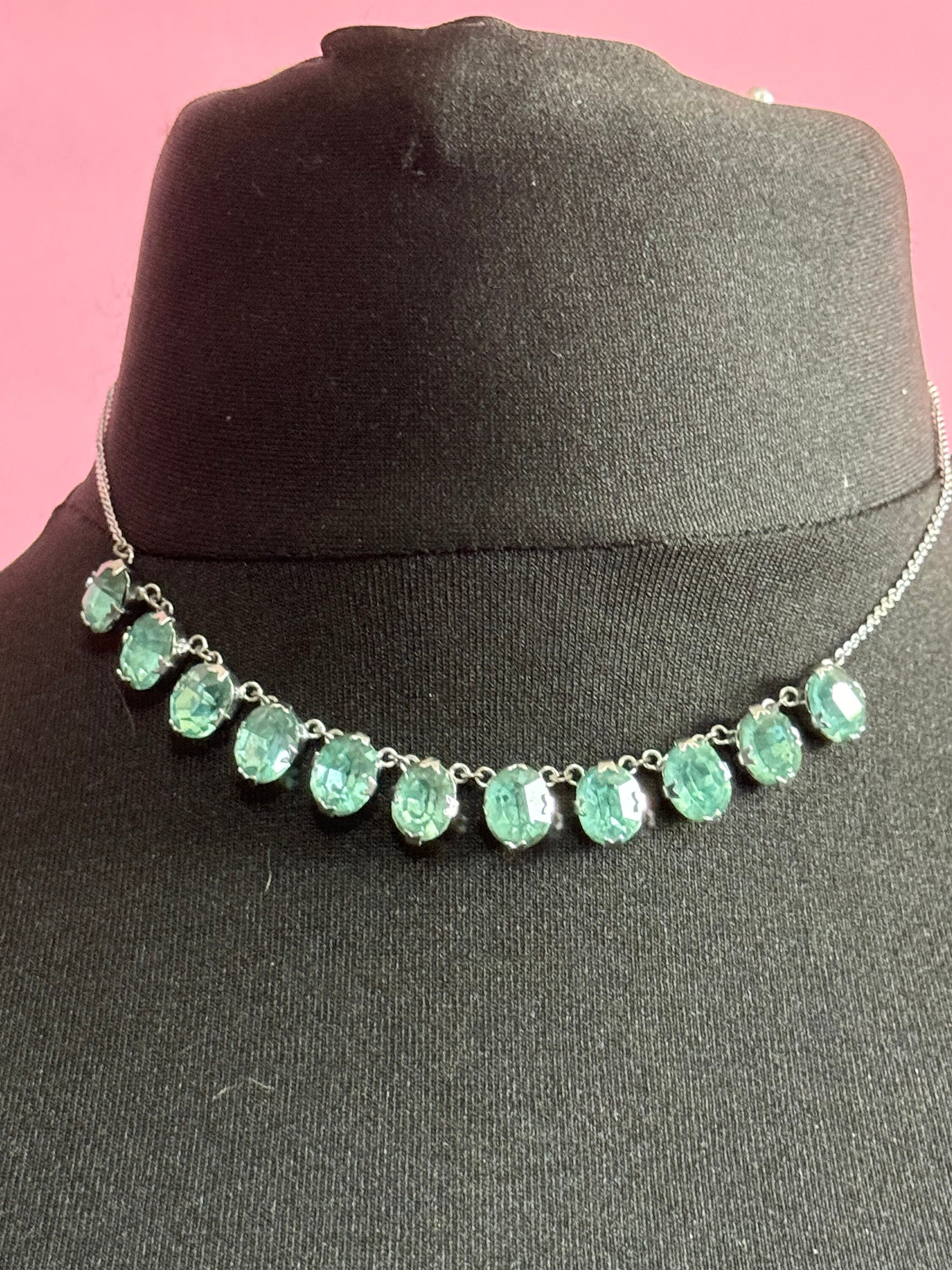 Art Deco foiled open back crystal turquoise blue glass Paste Rhinestone bezel necklace