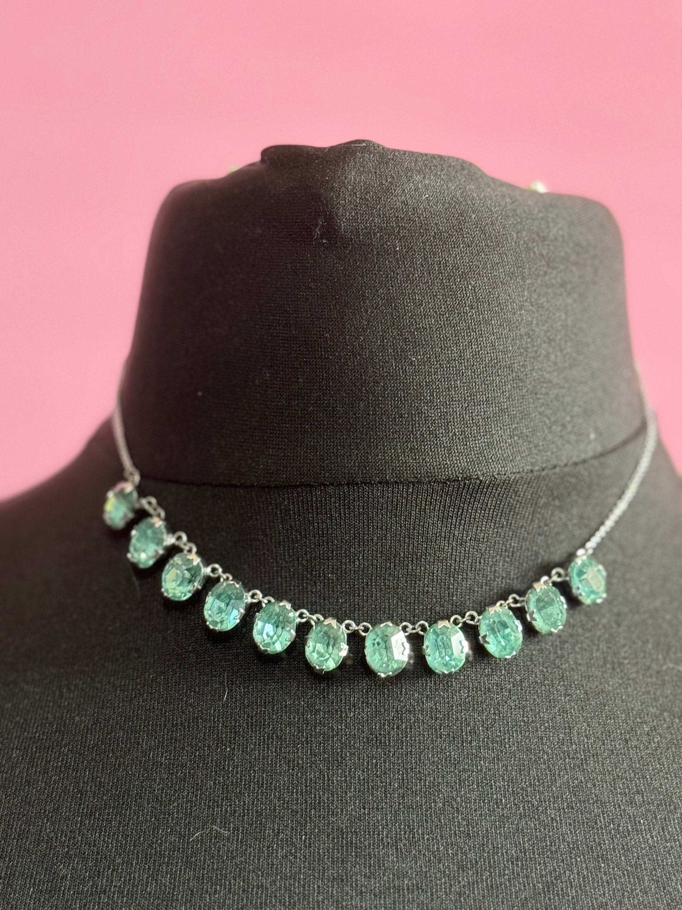 Art Deco foiled open back crystal turquoise blue glass Paste Rhinestone bezel necklace
