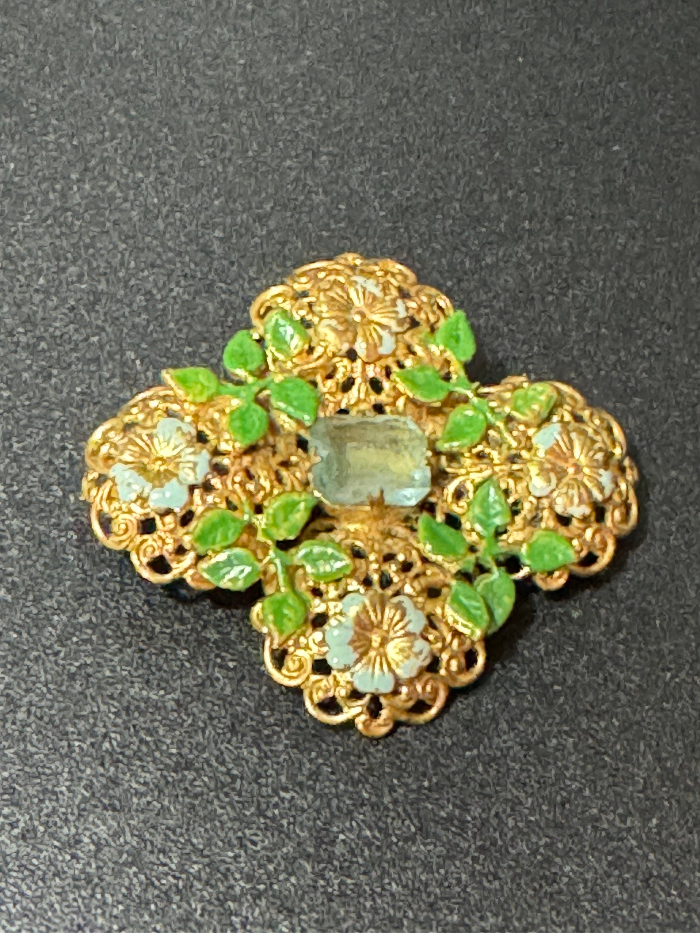 Antique Art Deco Czech brass gilt metal filigree brooch with green enamel and turquoise blue glass paste rhinestones c clasp
