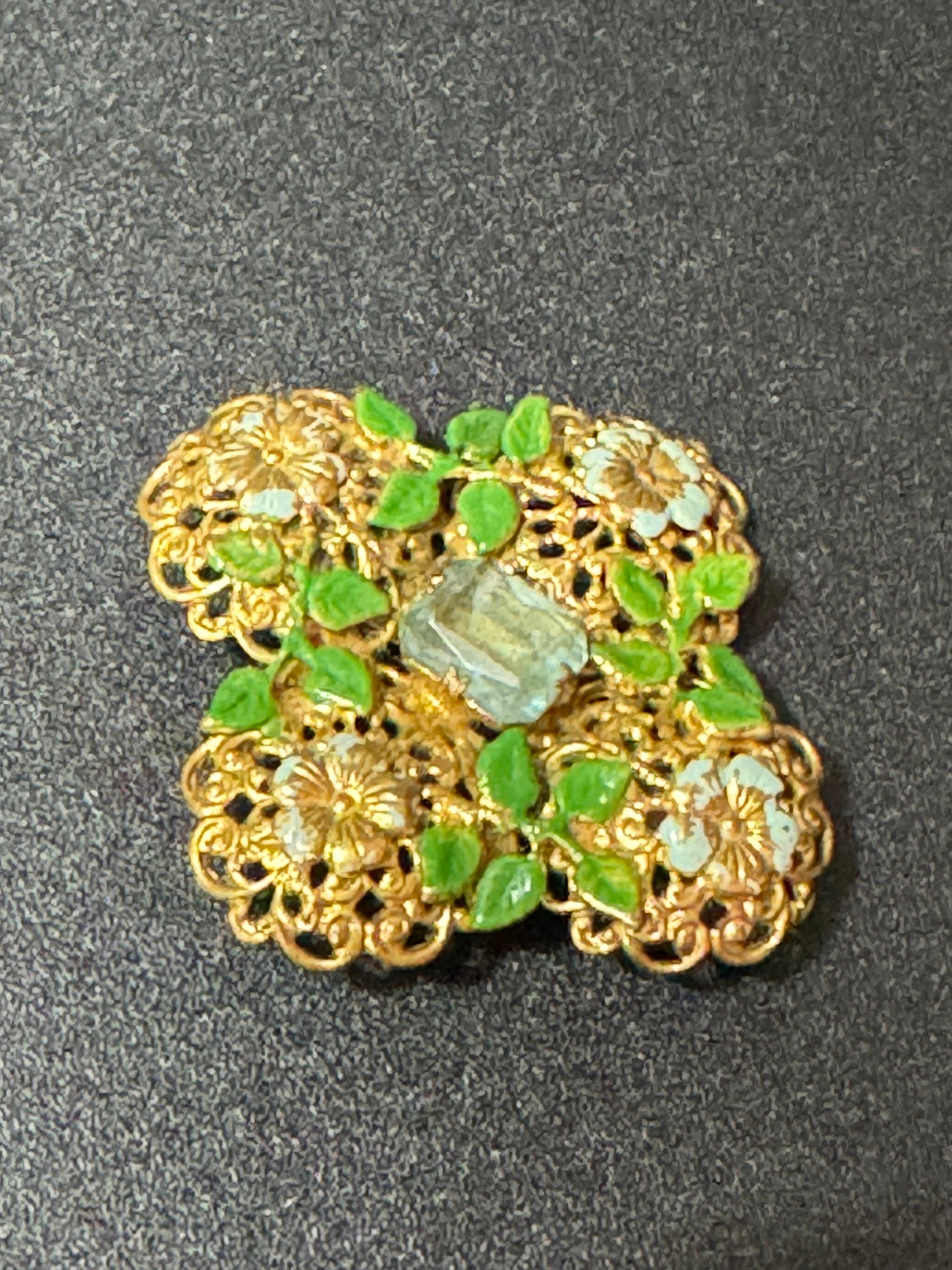 Antique Art Deco Czech brass gilt metal filigree brooch with green enamel and turquoise blue glass paste rhinestones c clasp