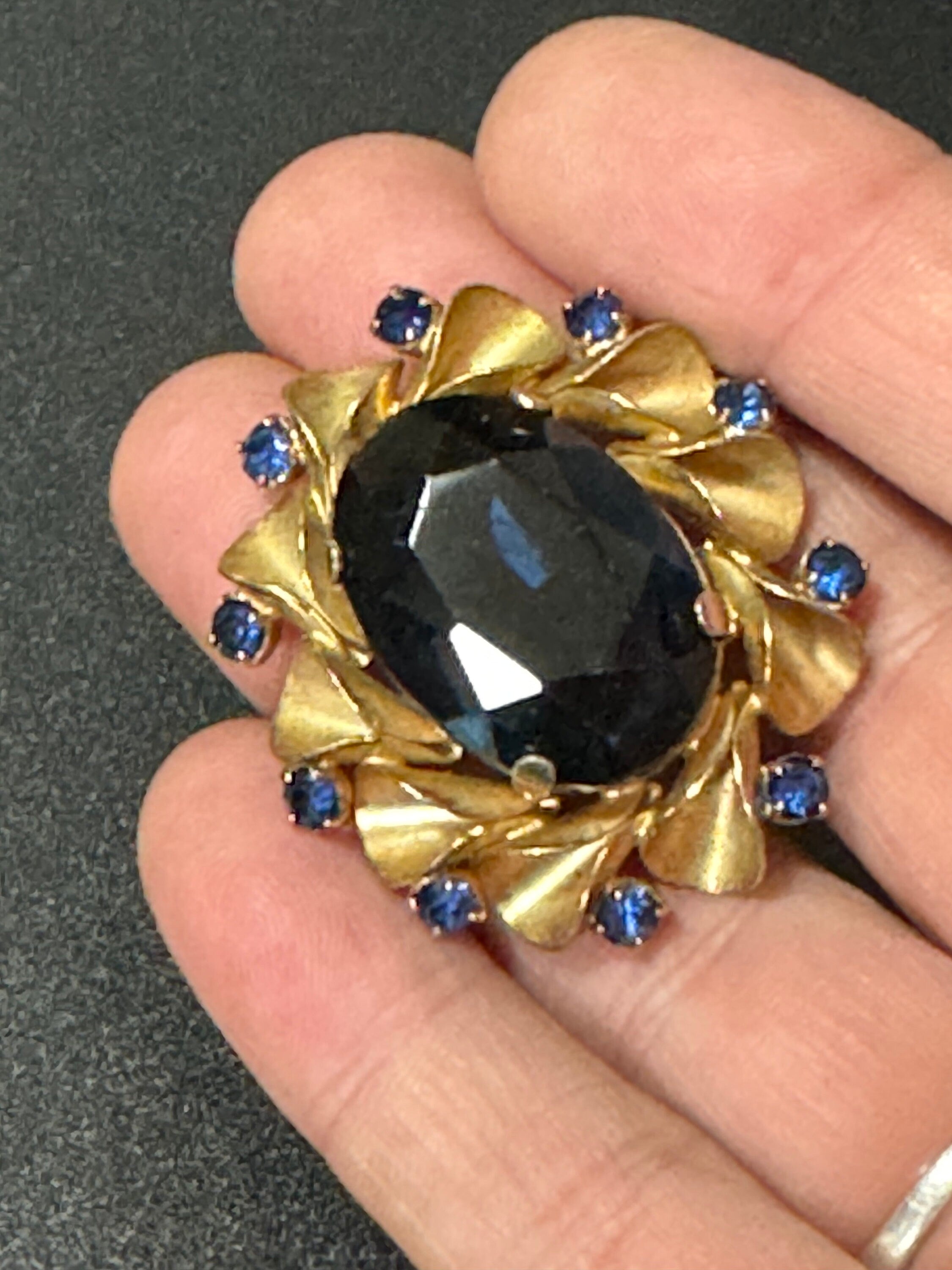 Vintage gold brass Blue sapphire Cut glass diamante Brooch something blue trombone clasp