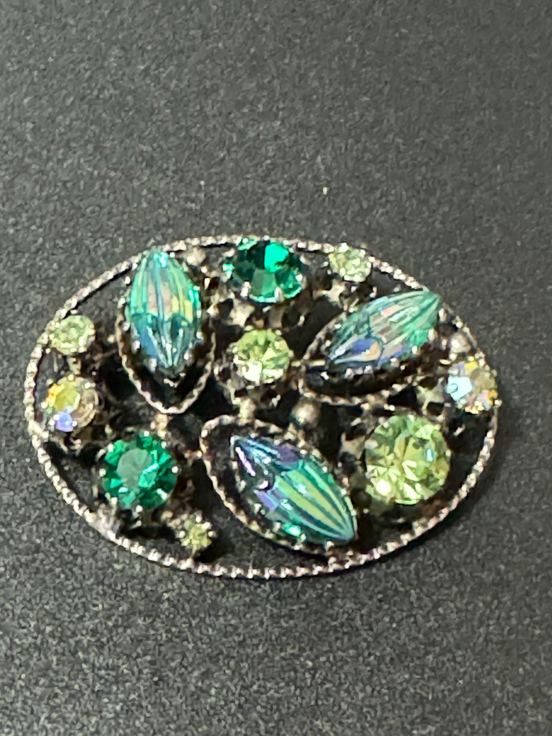 Large vintage gold tone blue green AB rhinestone glass brooch 5cm Aurora borealis