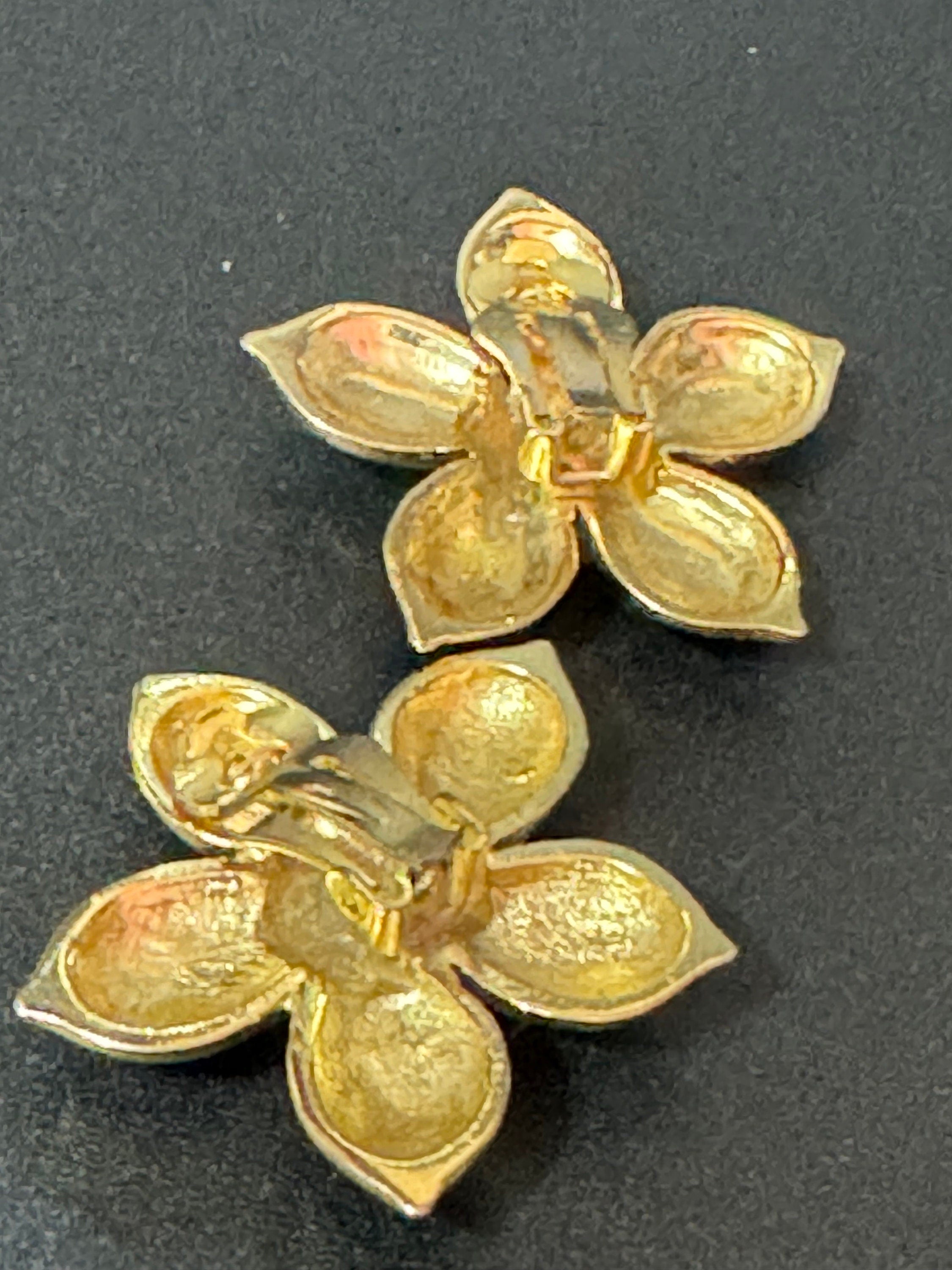 Vintage large High End Gold tone purple floral enamel diamanté clip on earrings 1980s 1990s