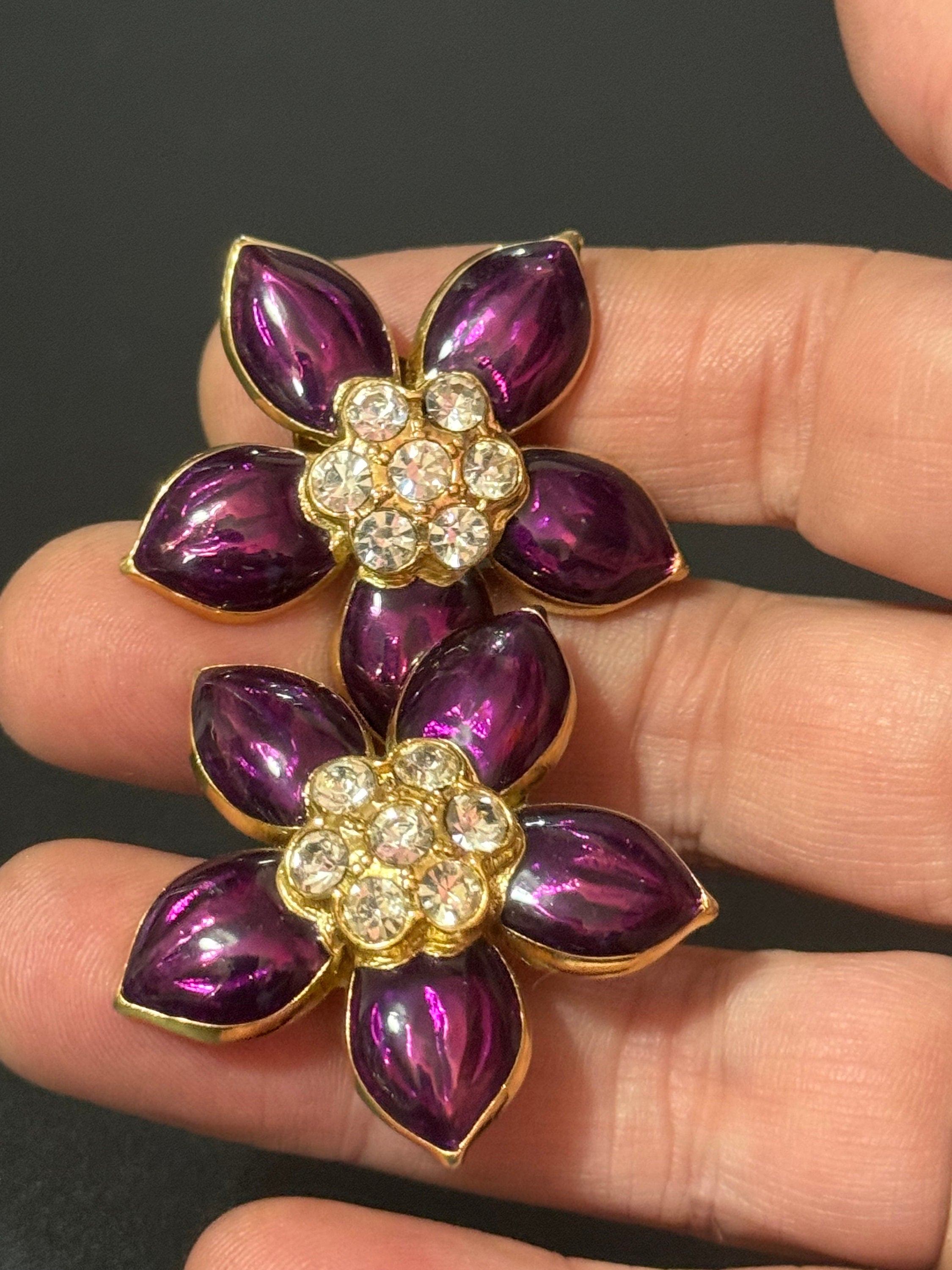 Vintage large High End Gold tone purple floral enamel diamanté clip on earrings 1980s 1990s