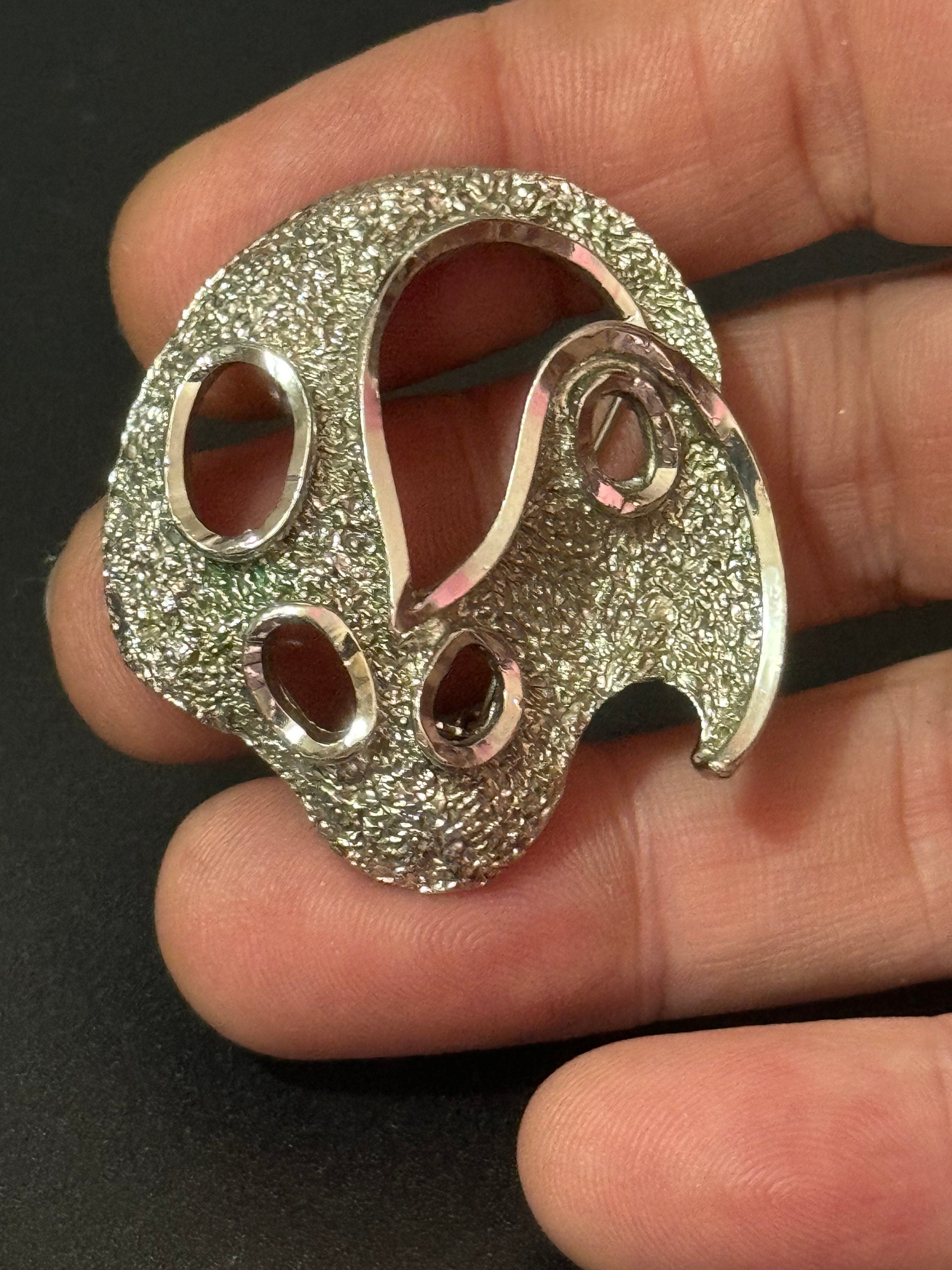 Signed vintage modernist textured silver tone  abstract brutalist brooch