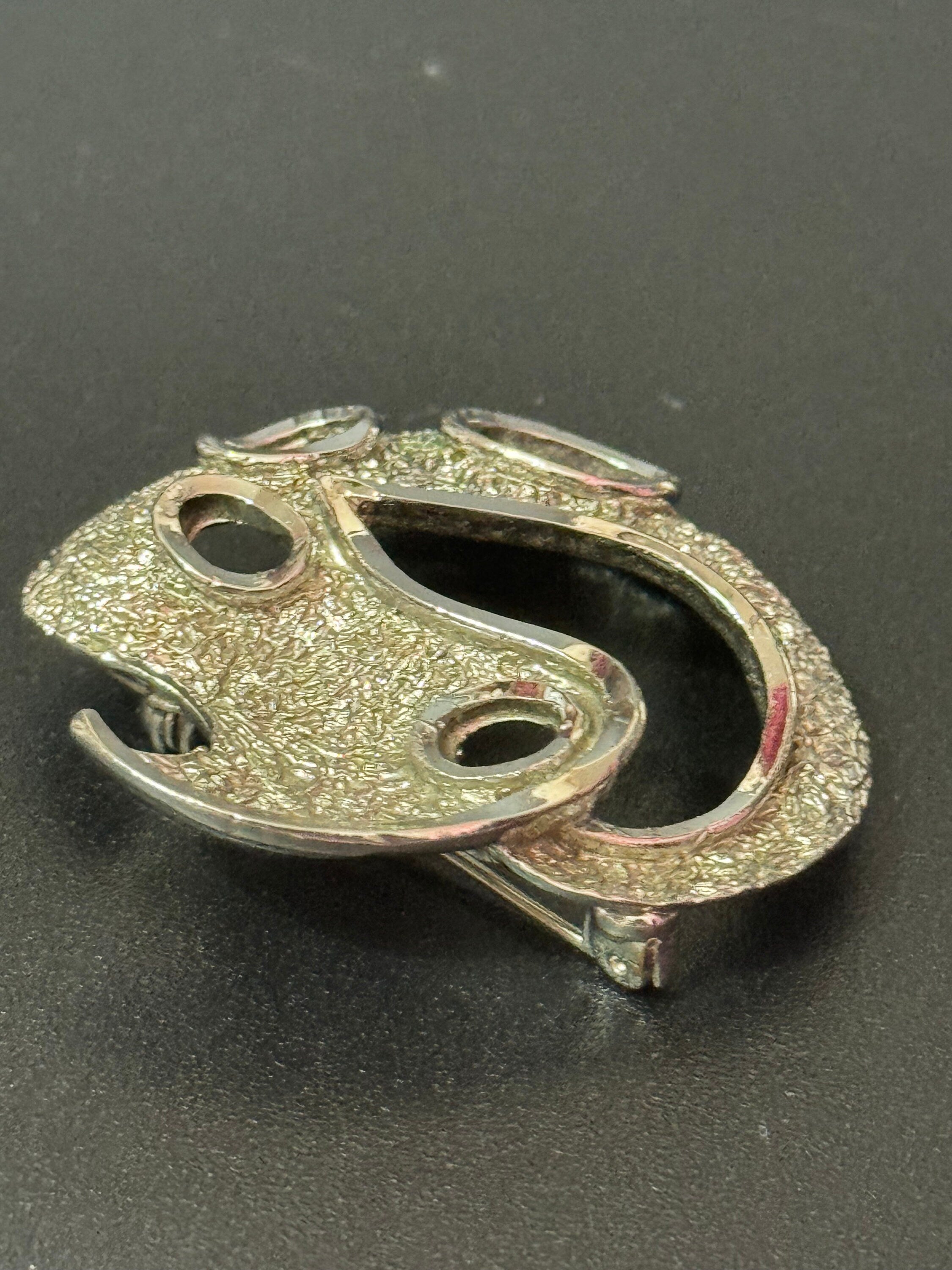 Signed vintage modernist textured silver tone  abstract brutalist brooch