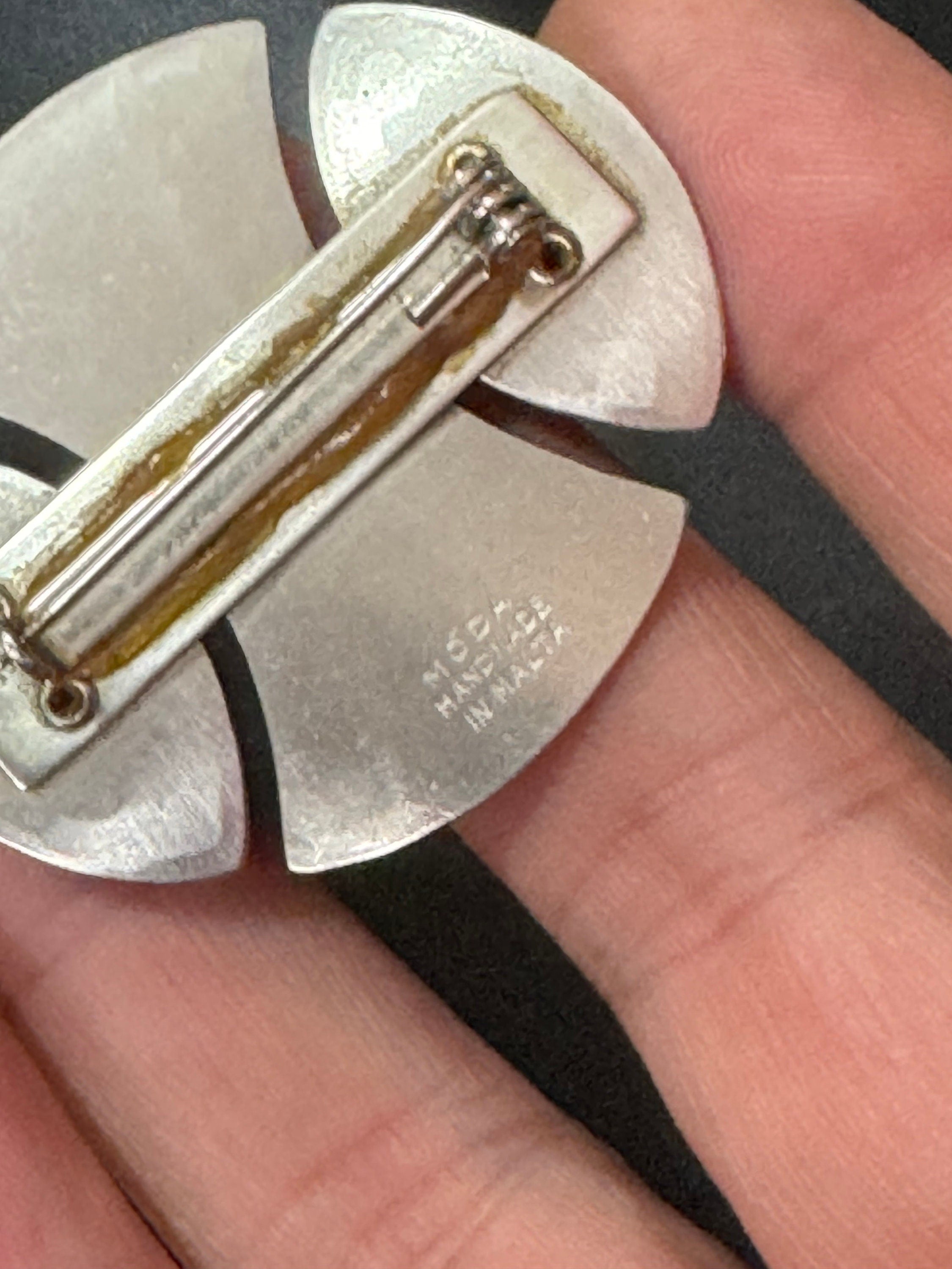 Signed MODA Malta Modernist silver tone stainless steel brooch with blue grey oval cabochons