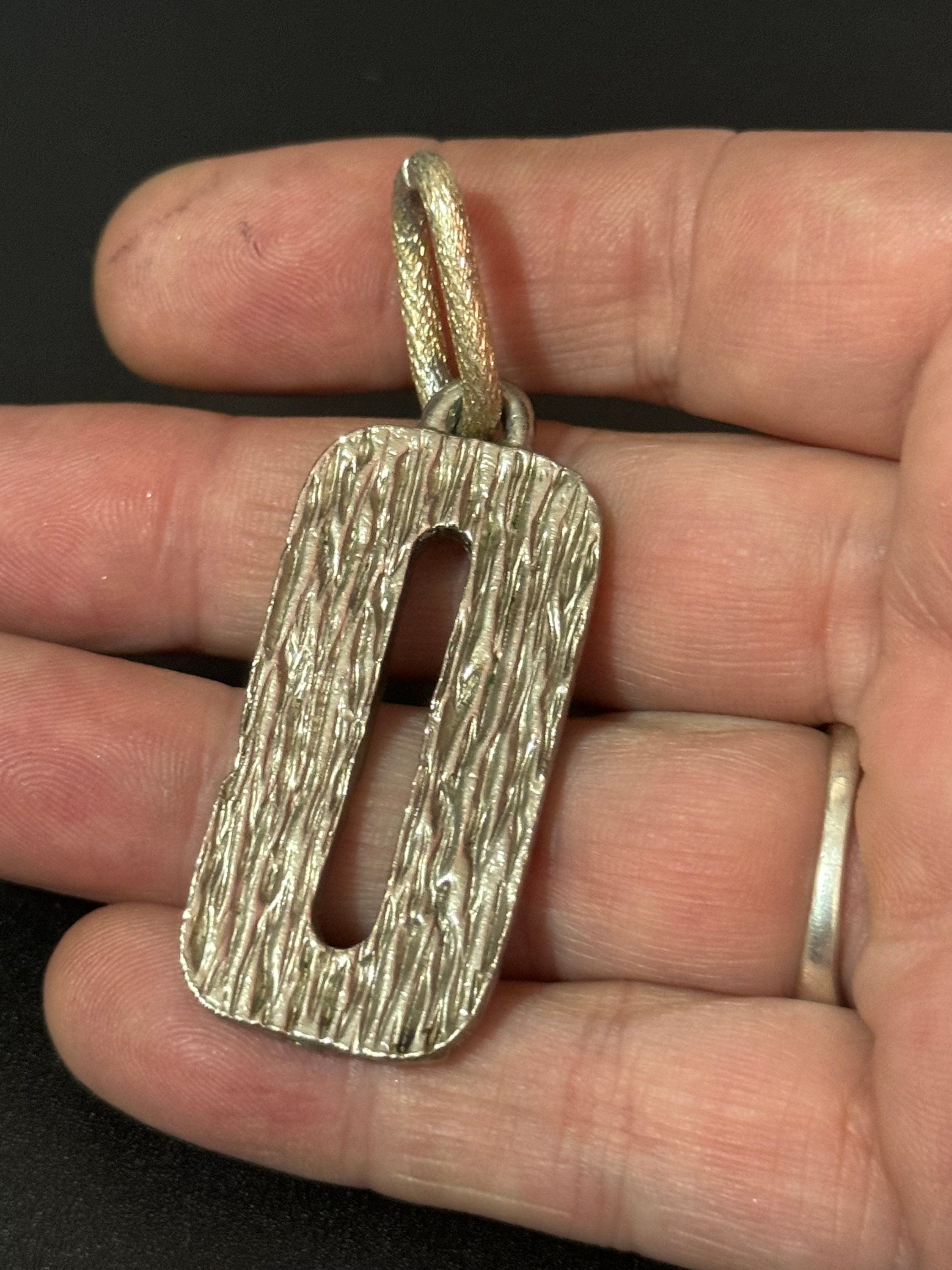 brutalist silver tone metal rectangular textured bark pendant Vintage 1970s modernist