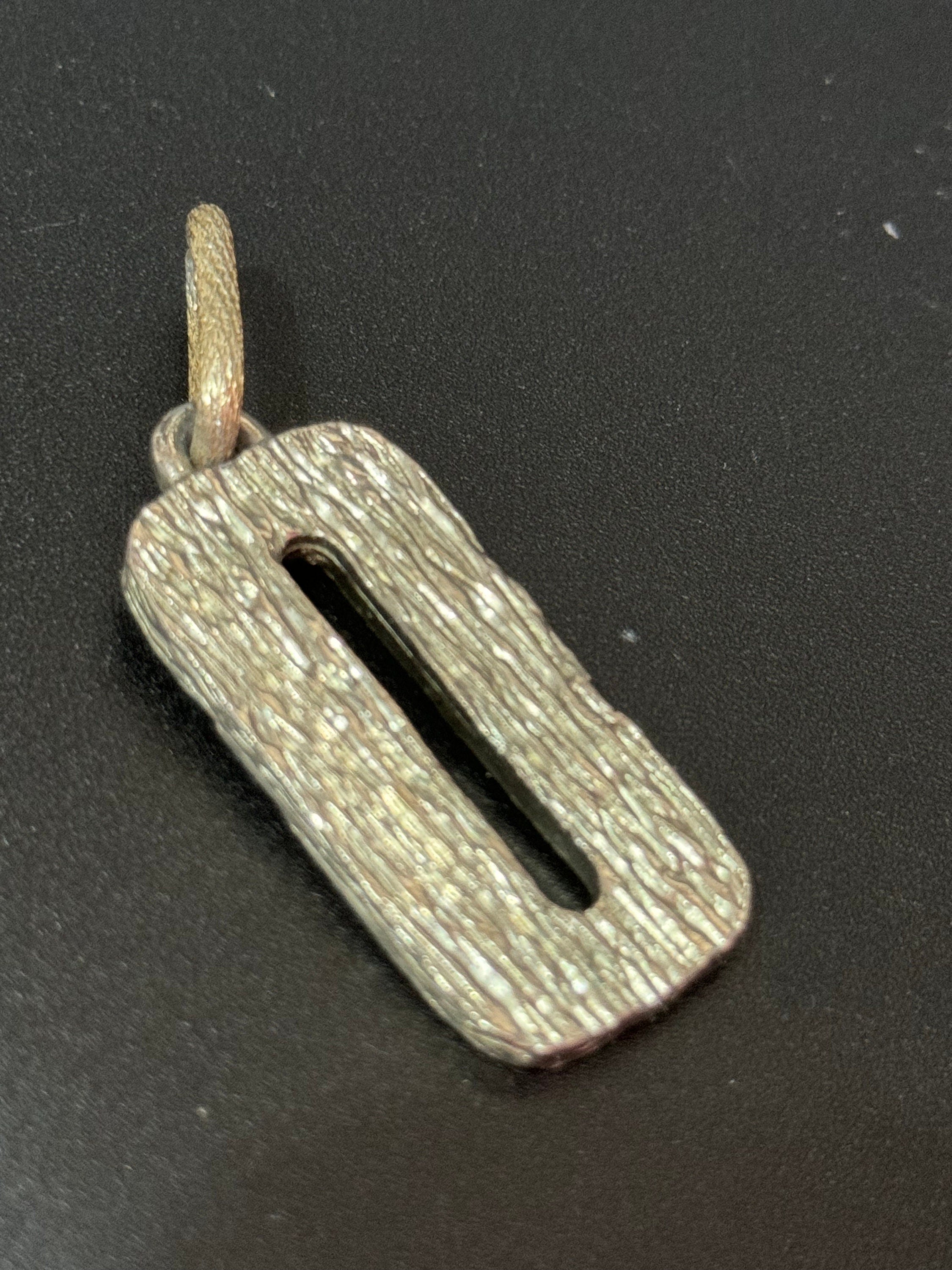 brutalist silver tone metal rectangular textured bark pendant Vintage 1970s modernist