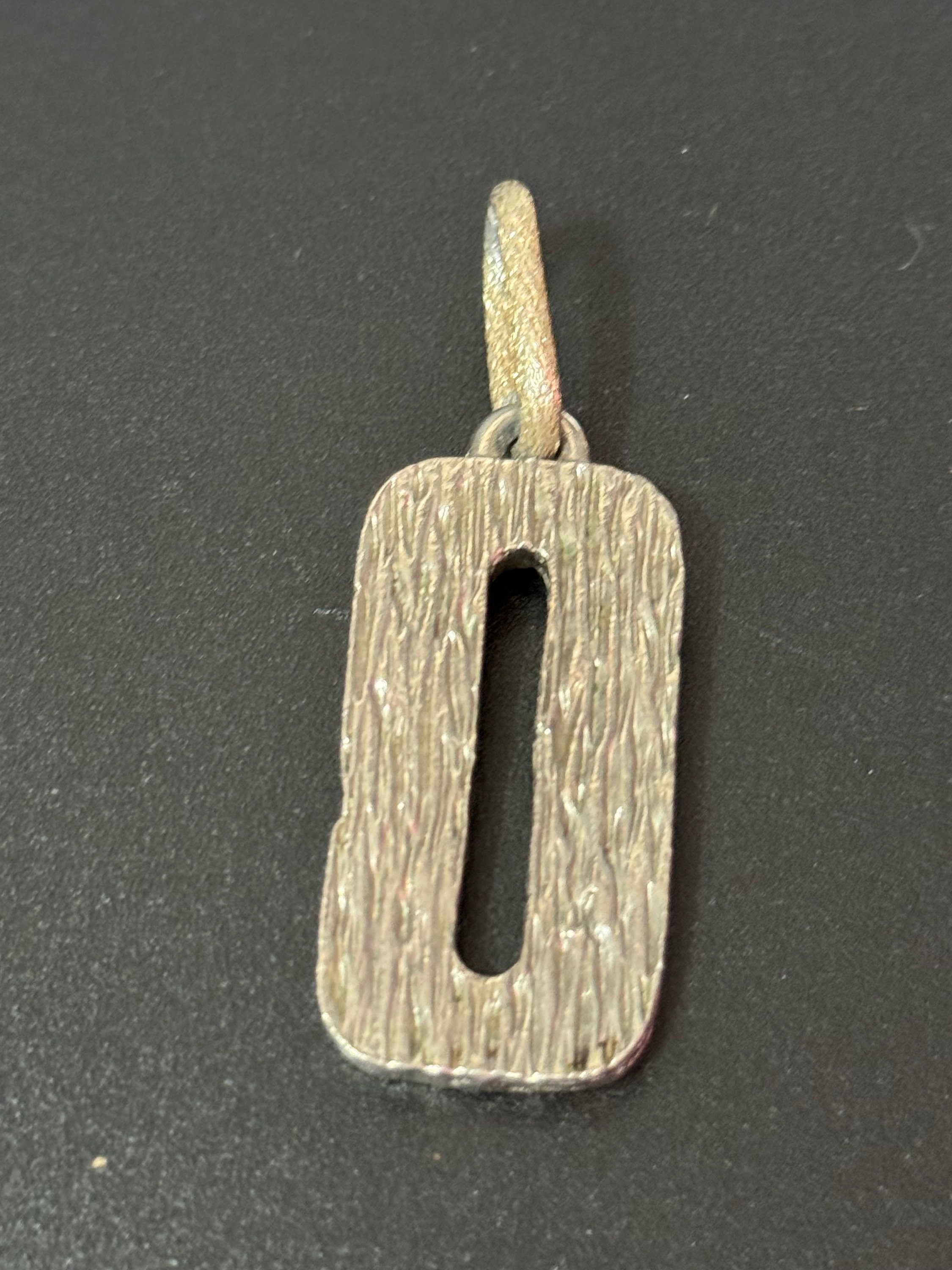 brutalist silver tone metal rectangular textured bark pendant Vintage 1970s modernist