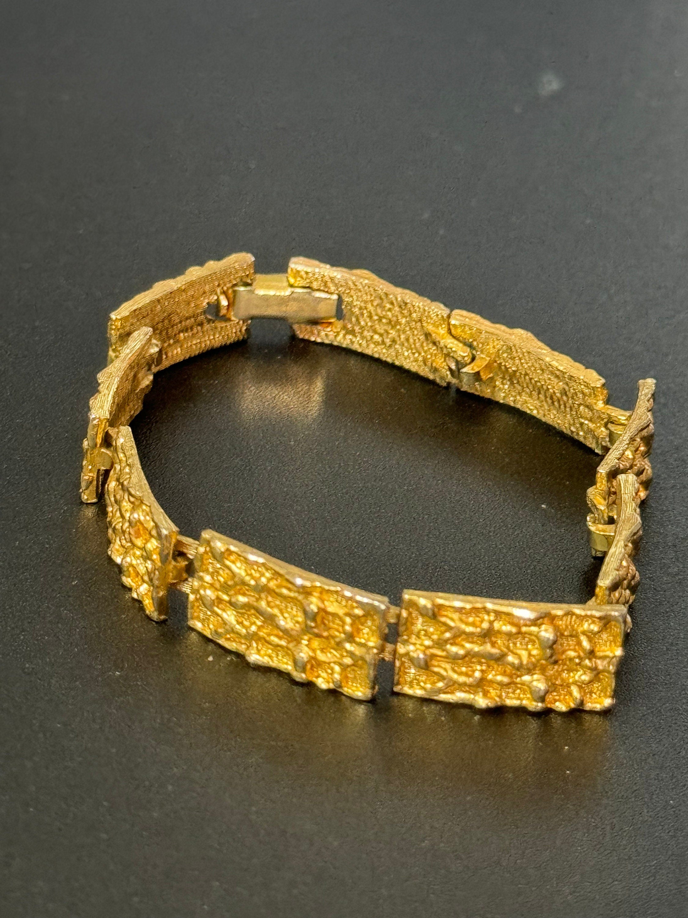Vintage 1970s gold tone modernist abstract brutalist slim panel link chain bracelet 19 x 1cm