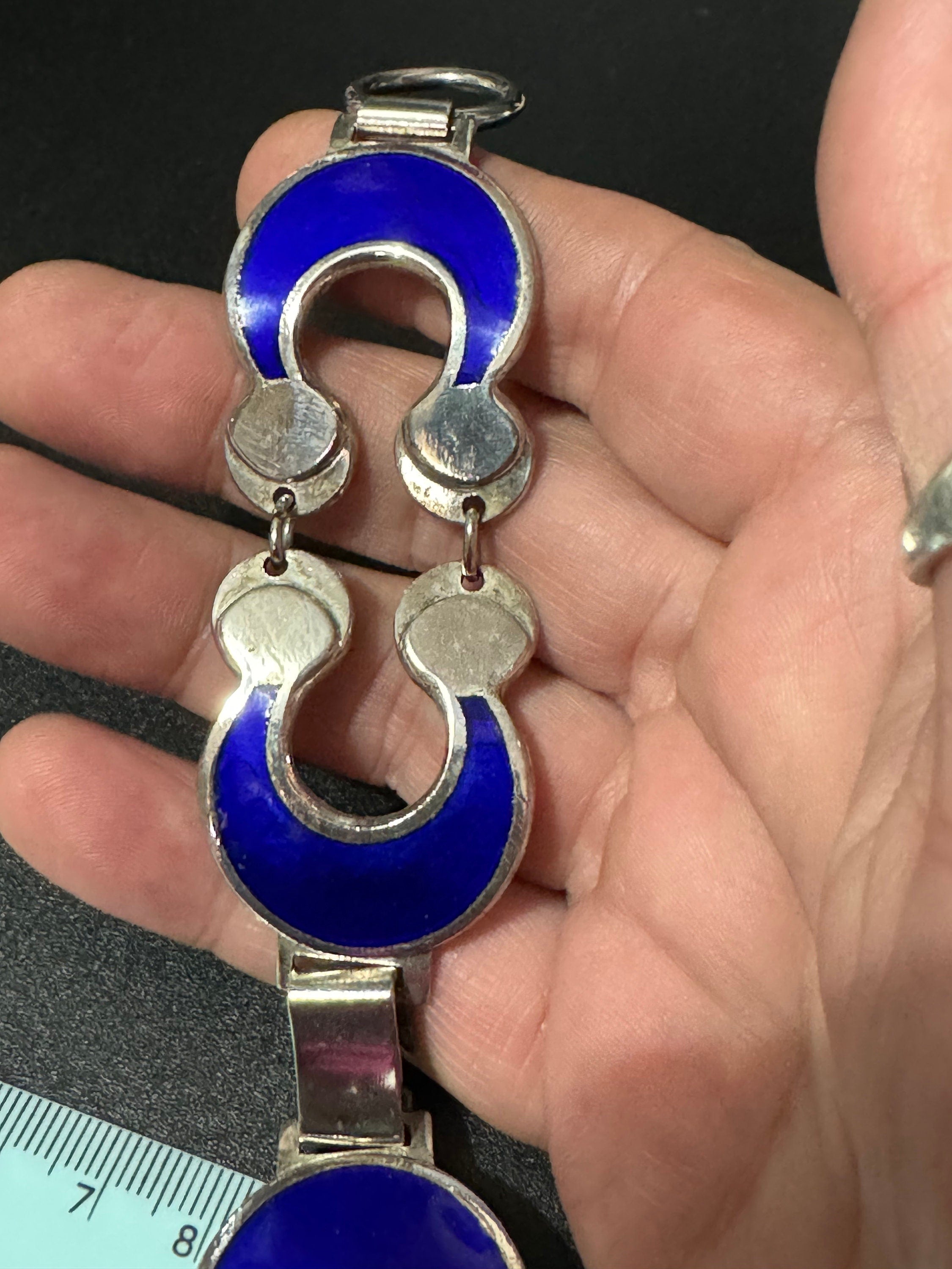 Vintage wide oversized bright blue and silver tone circle panel link bracelet