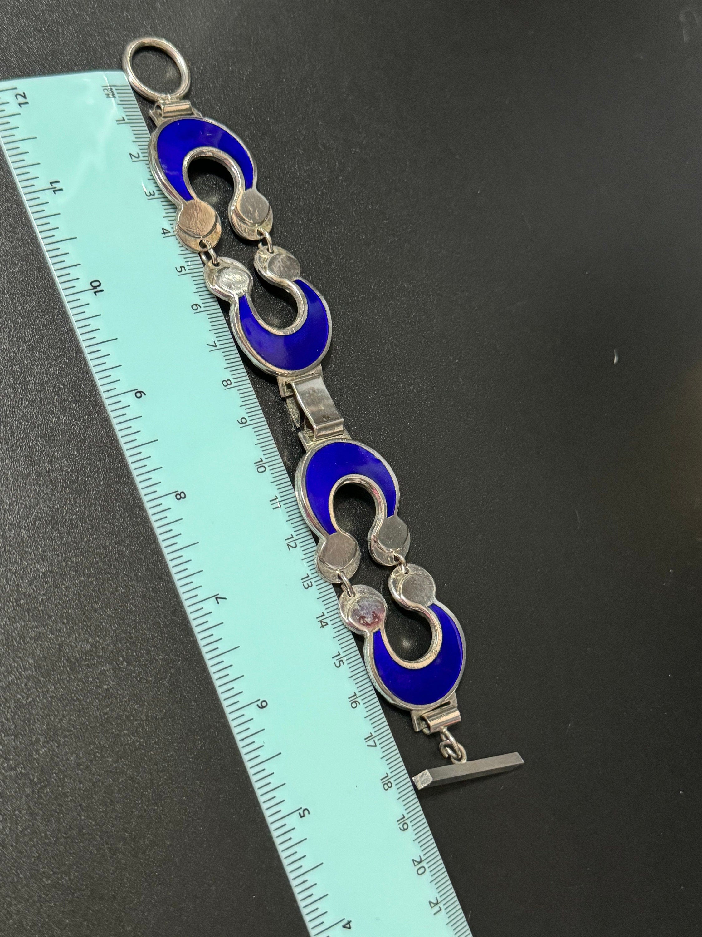 Vintage wide oversized bright blue and silver tone circle panel link bracelet