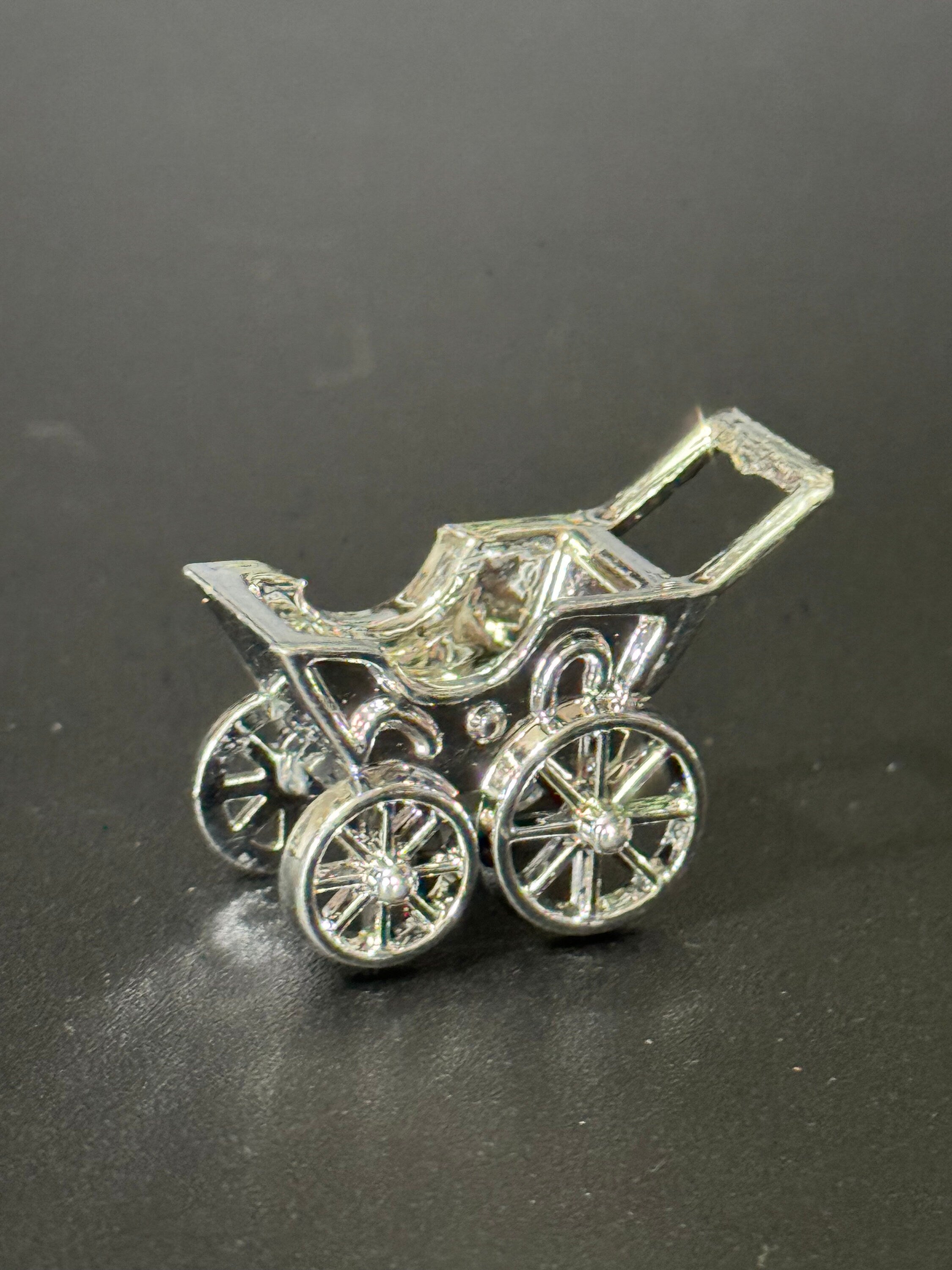Vintage new baby christening silver plastic pram cot cake topper decoration