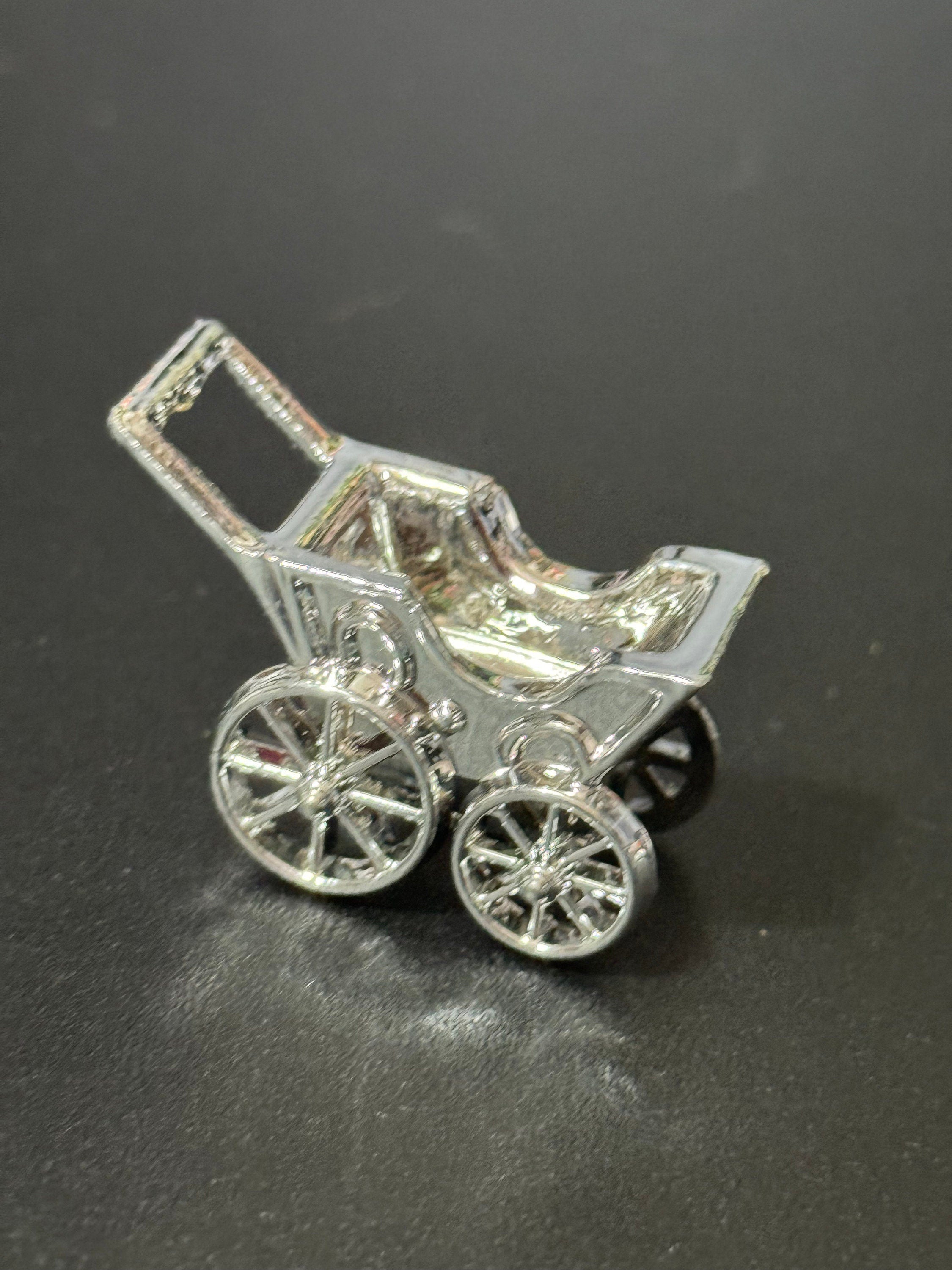 Vintage new baby christening silver plastic pram cot cake topper decoration