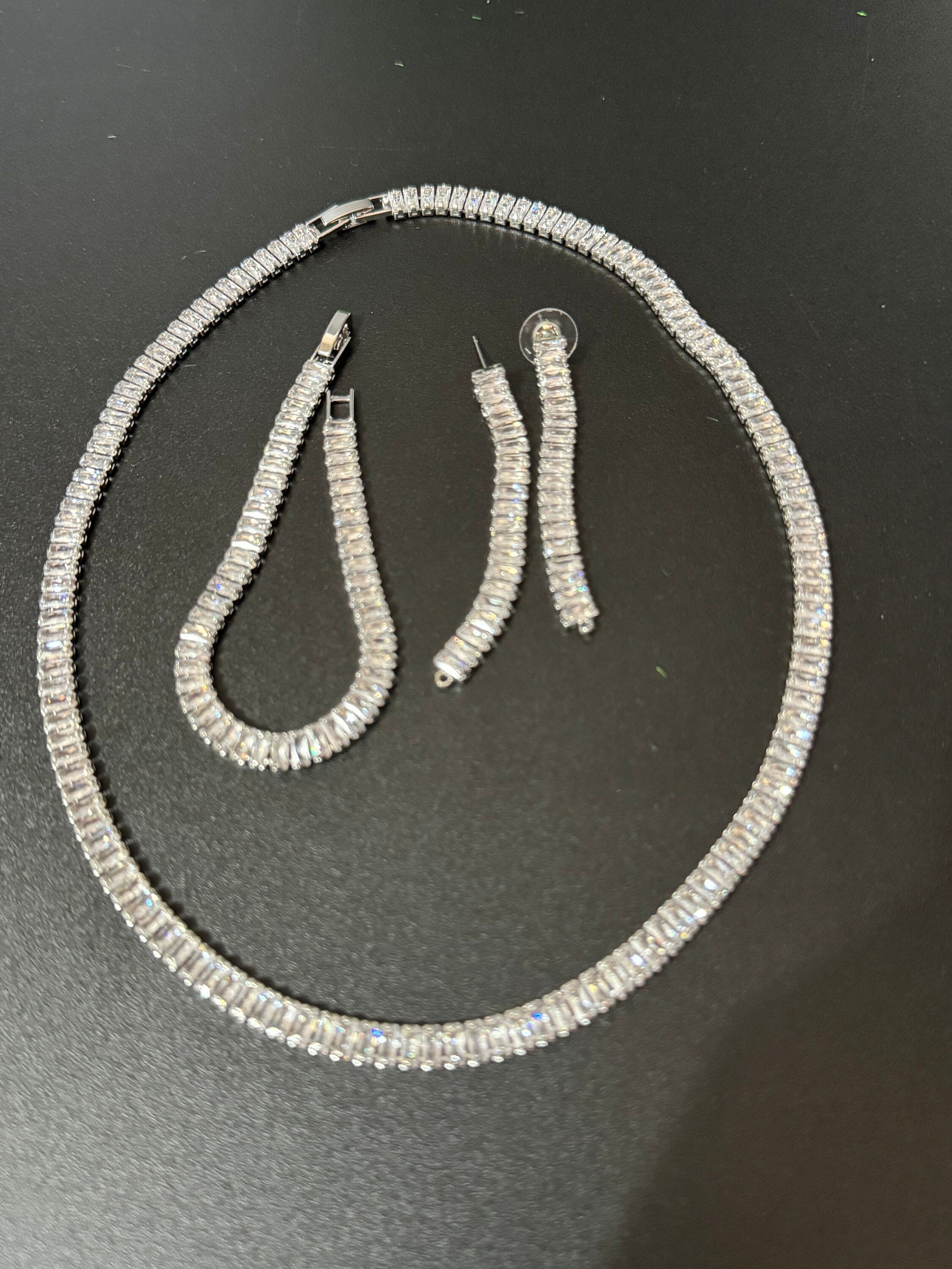 clear diamanté CZ Crystal bezel jewellery set Silver plated necklace, tennis bracelet and pierced earrings