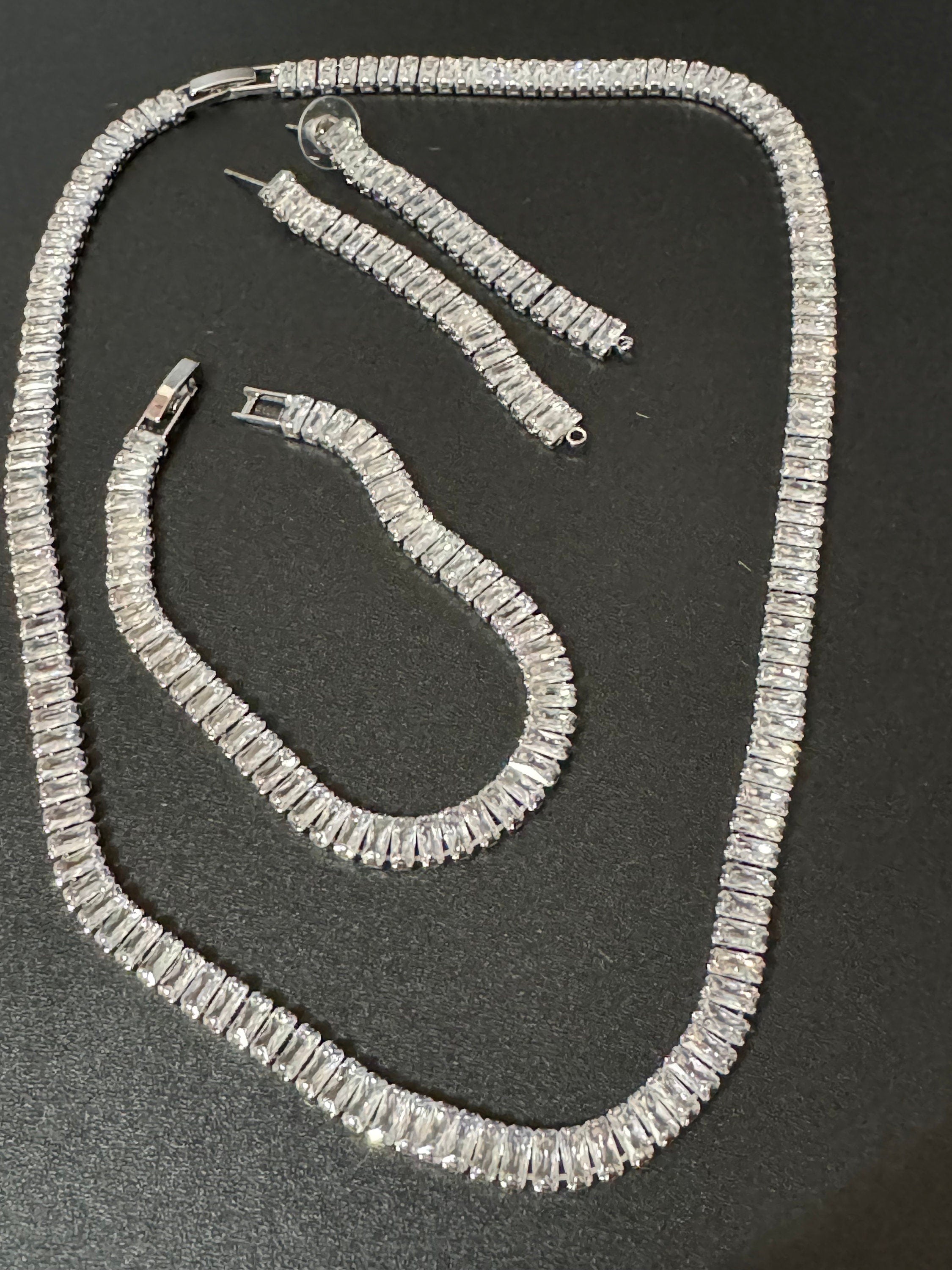 clear diamanté CZ Crystal bezel jewellery set Silver plated necklace, tennis bracelet and pierced earrings