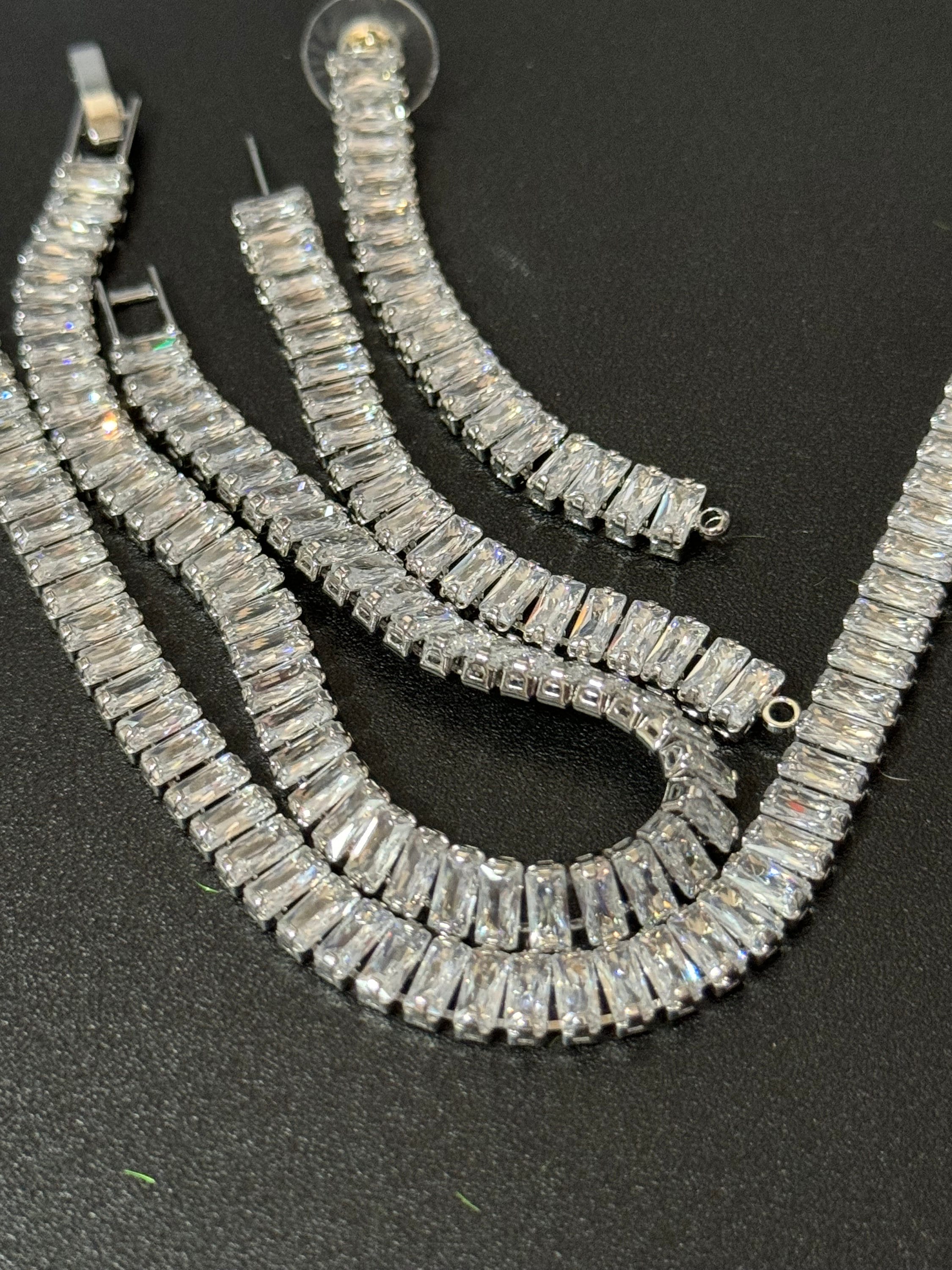 clear diamanté CZ Crystal bezel jewellery set Silver plated necklace, tennis bracelet and pierced earrings