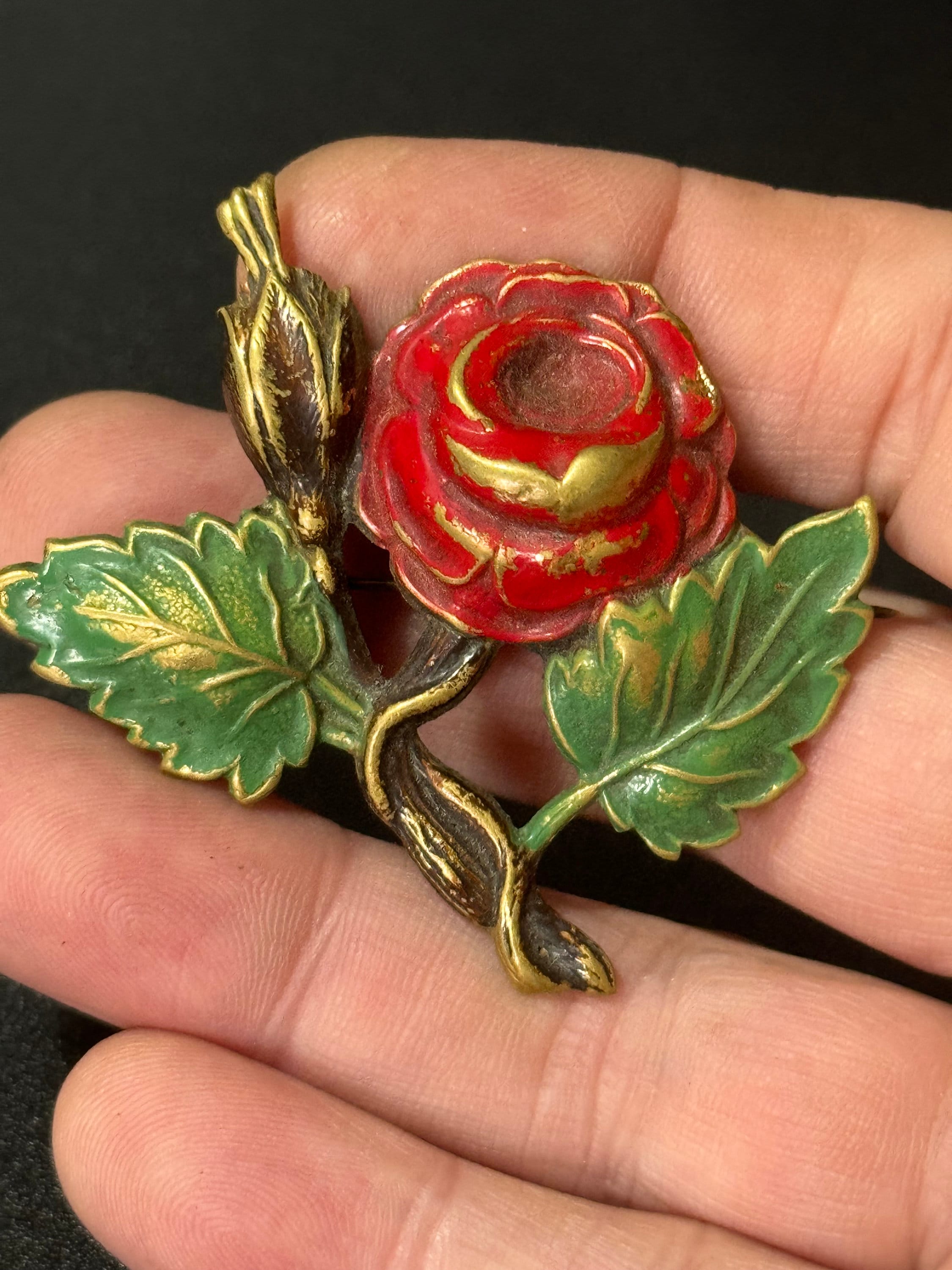 Vintage Stamped brass gold tone red green enamel rose brooch