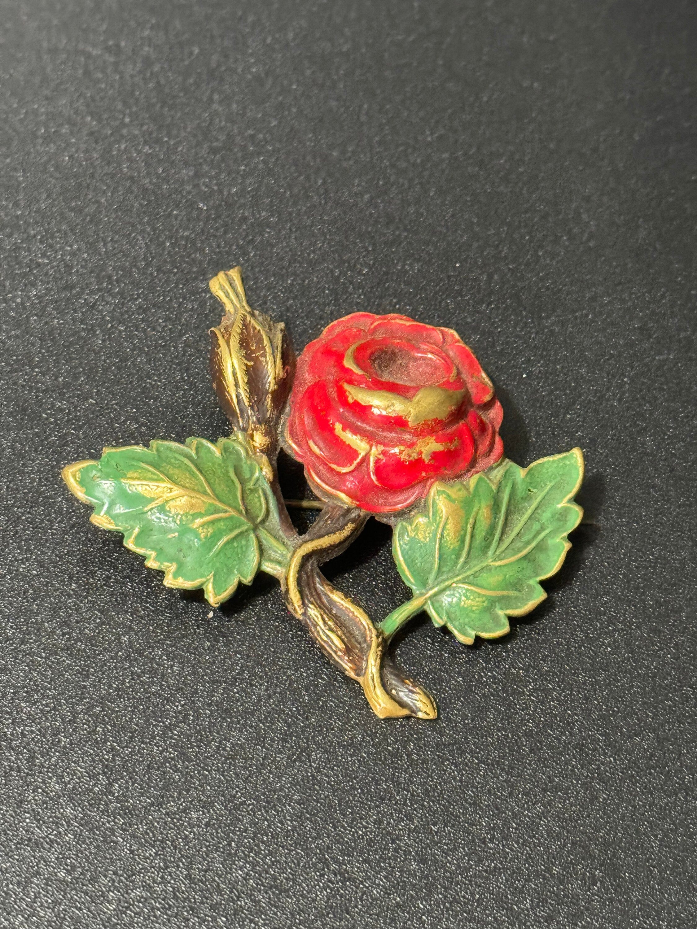 Vintage Stamped brass gold tone red green enamel rose brooch