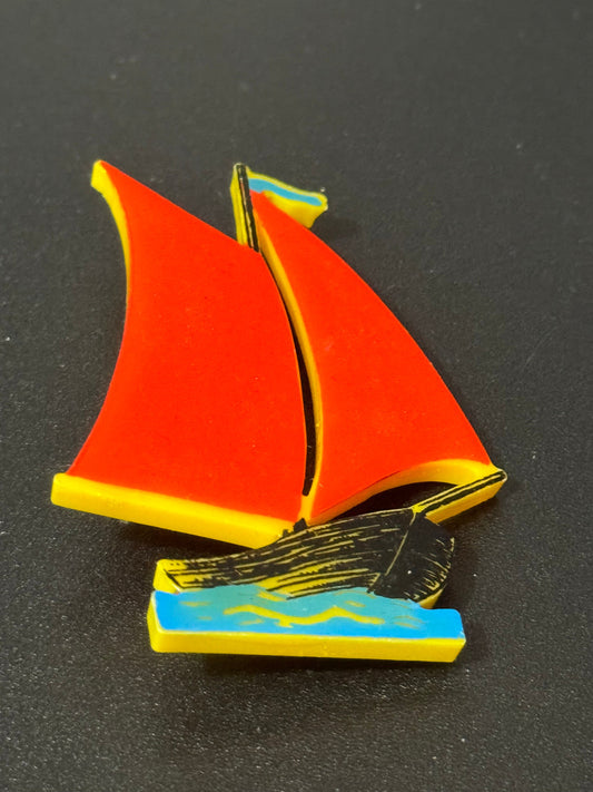 vintage French early plastic celluloid red yellow blue nautical sailing yacht boat Brooch