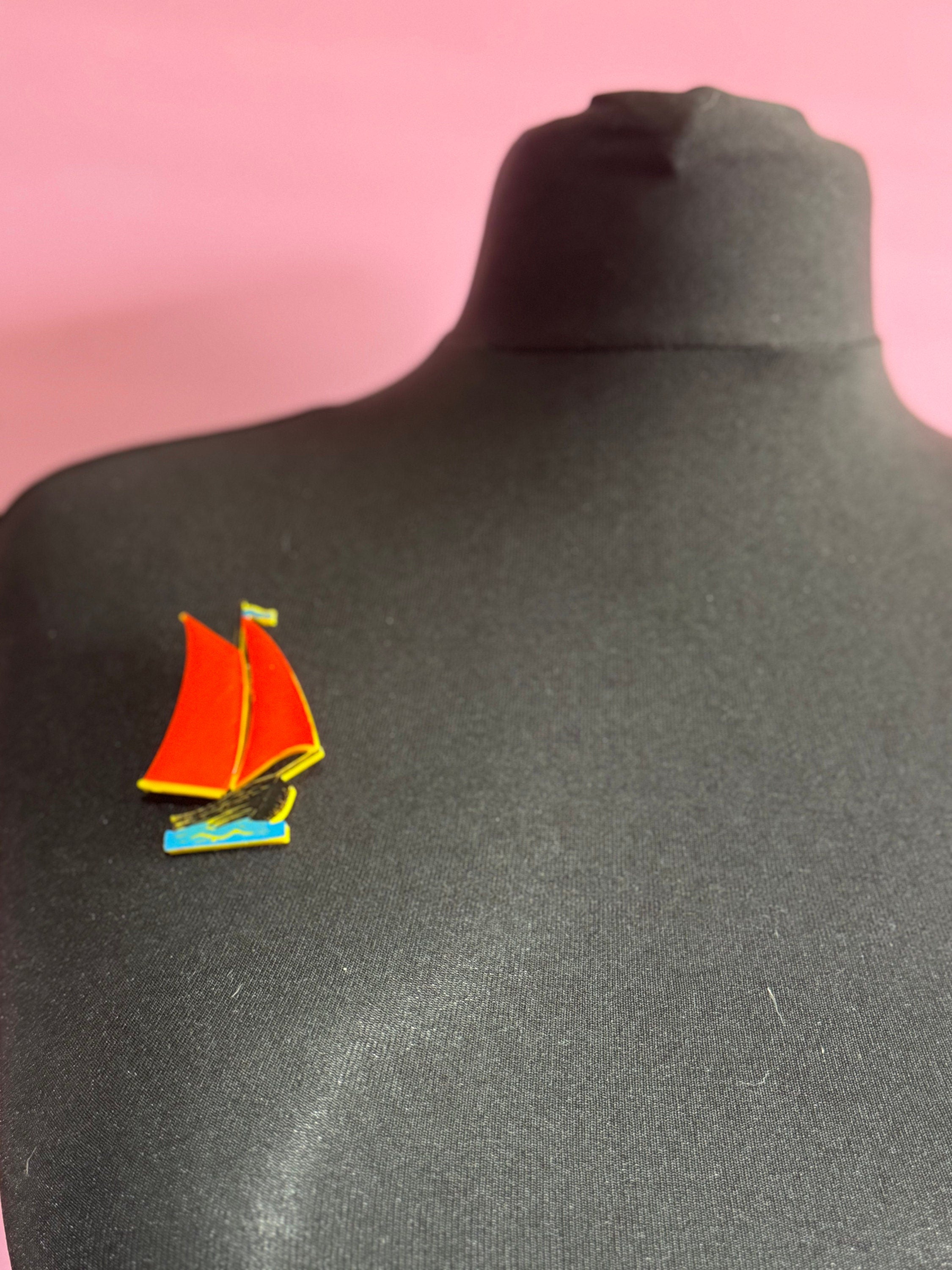 vintage French early plastic celluloid red yellow blue nautical sailing yacht boat Brooch