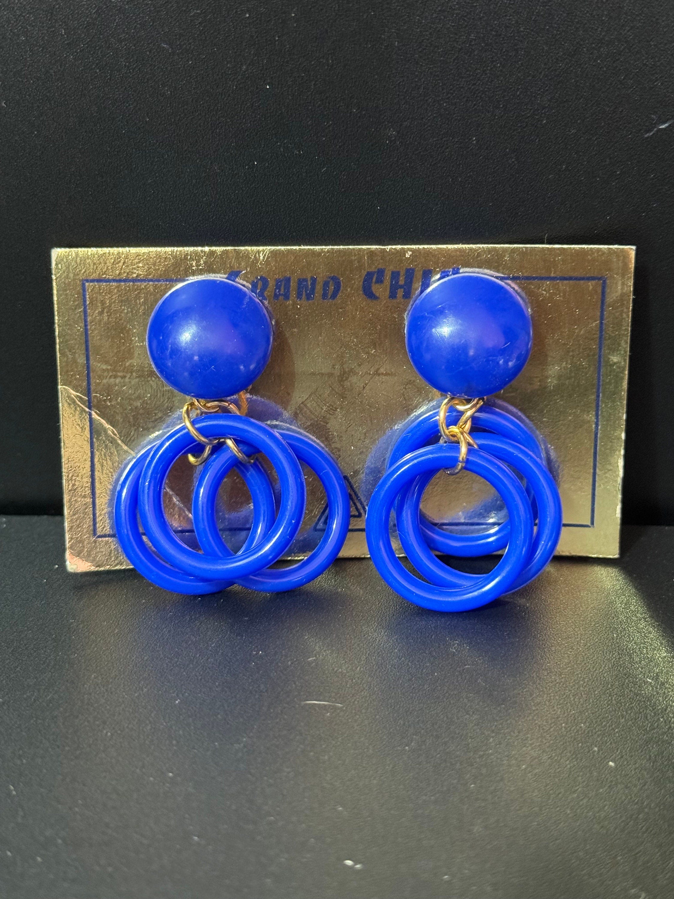 true vintage 1960s French early plastic clip on earrings dangly earrings blue green pink purple and green