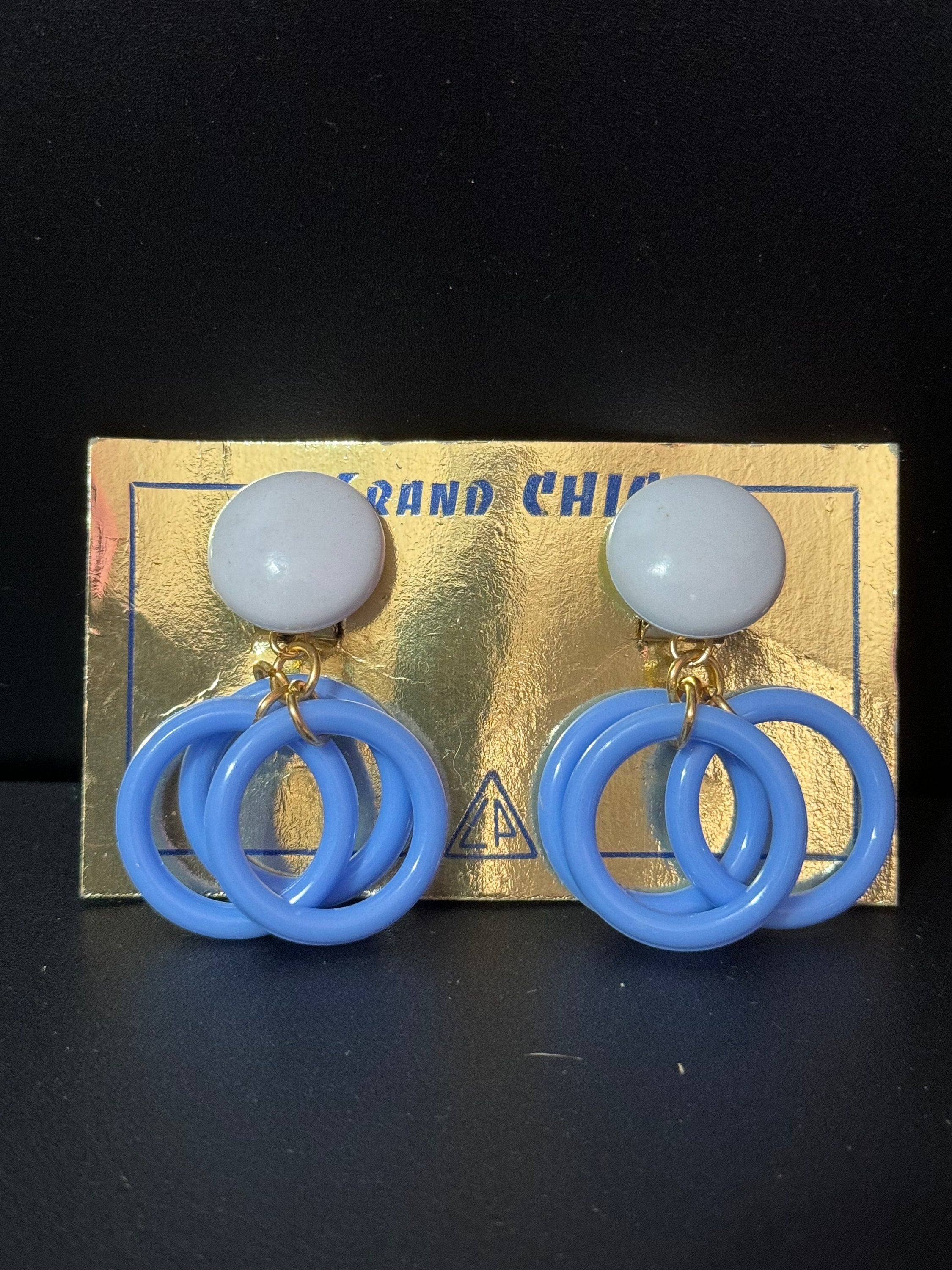 true vintage 1960s French early plastic clip on earrings dangly earrings blue green pink purple and green