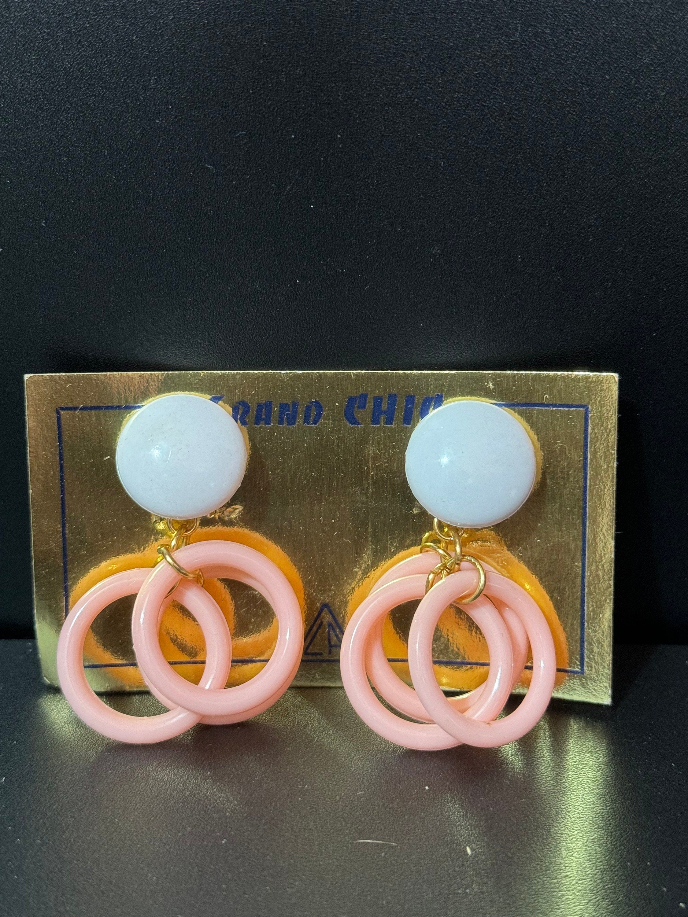 true vintage 1960s French early plastic clip on earrings dangly earrings blue green pink purple and green