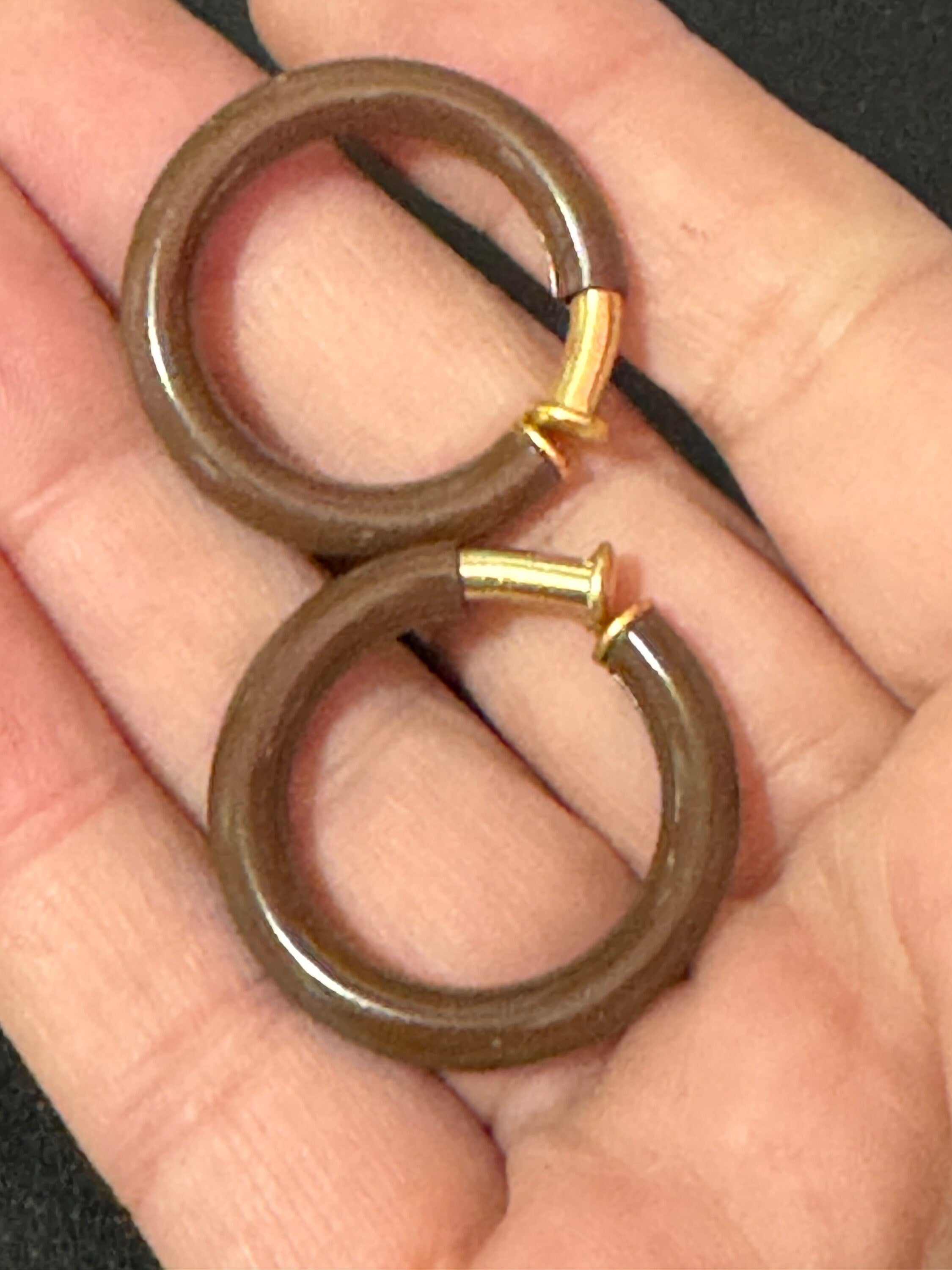 true vintage 1960s French brown enamel metal clip on 3cm round hoop earrings made old shop stock