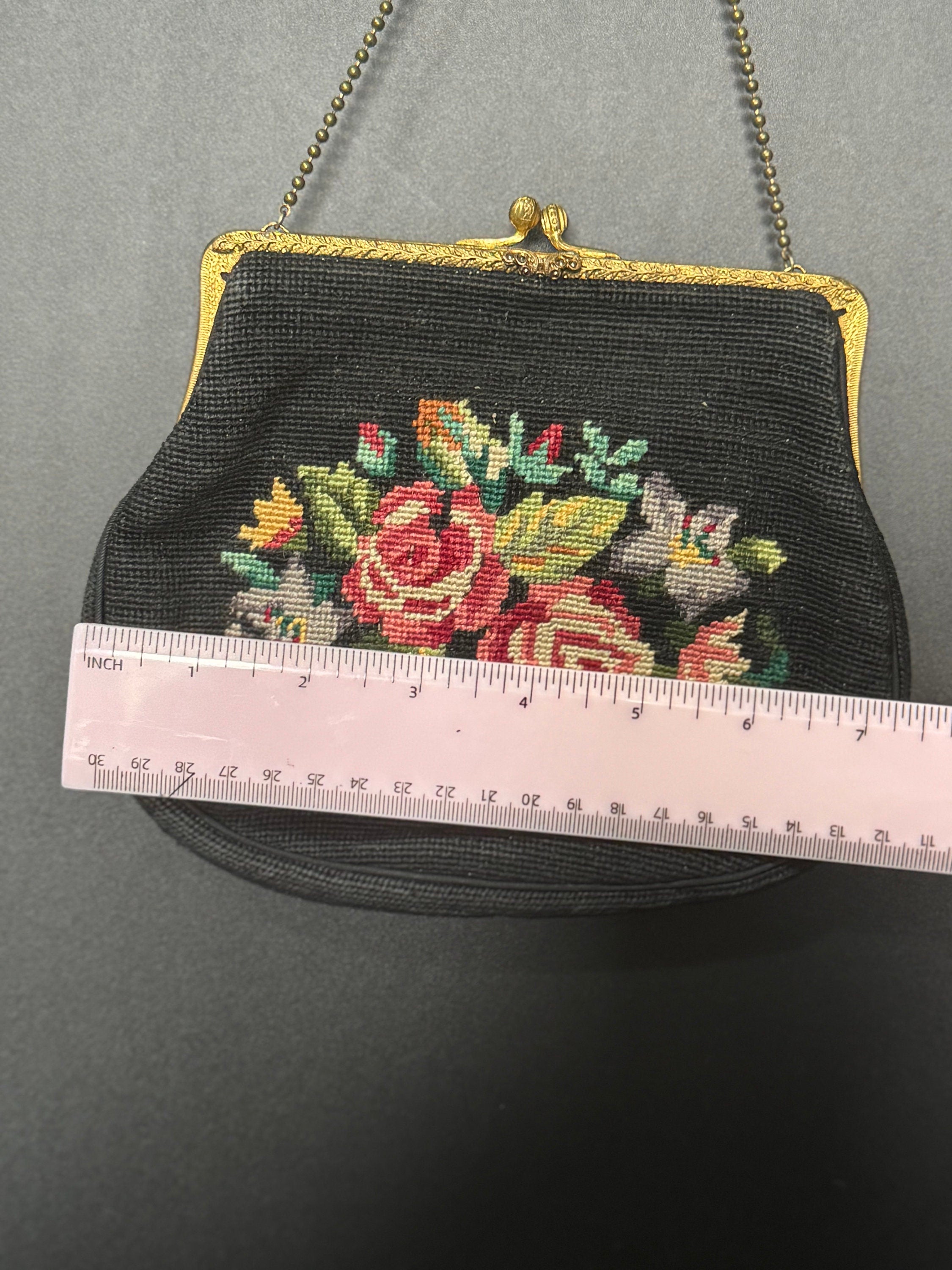 Vintage Retro Black Pink Green Tapestry Embroidered Thread work  Handbag evening Dance Purse 1940s