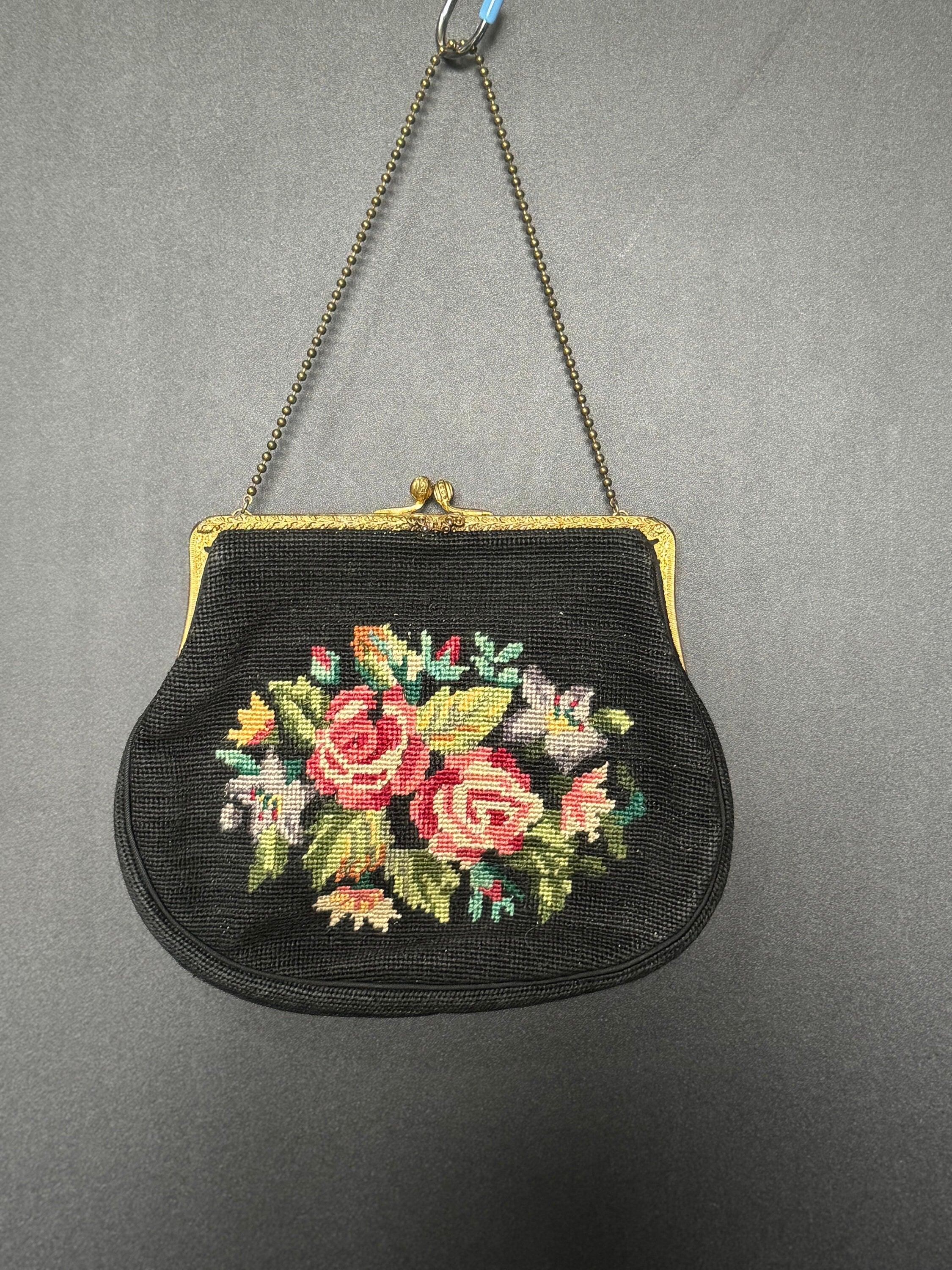 Vintage Retro Black Pink Green Tapestry Embroidered Thread work  Handbag evening Dance Purse 1940s