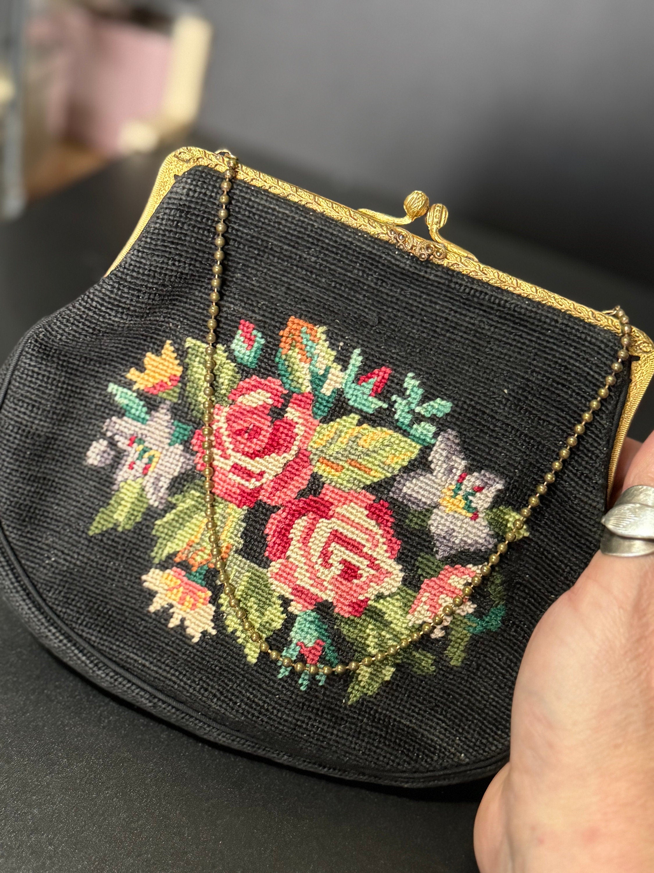 Vintage Retro Black Pink Green Tapestry Embroidered Thread work  Handbag evening Dance Purse 1940s