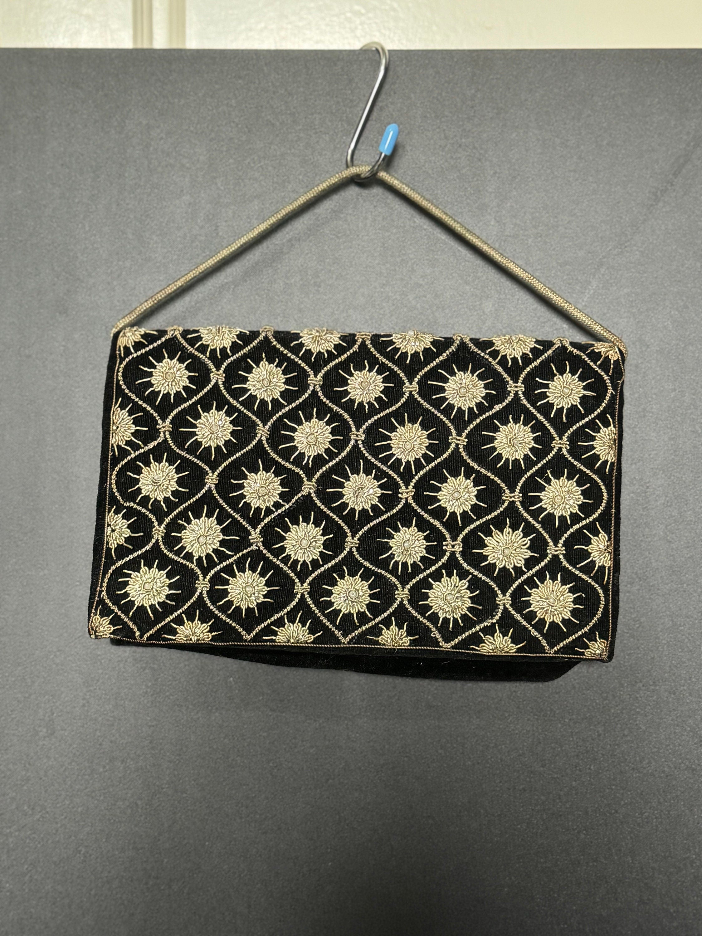 Vintage retro Indian zardozi evening bag purse black velvet gold wire thread work