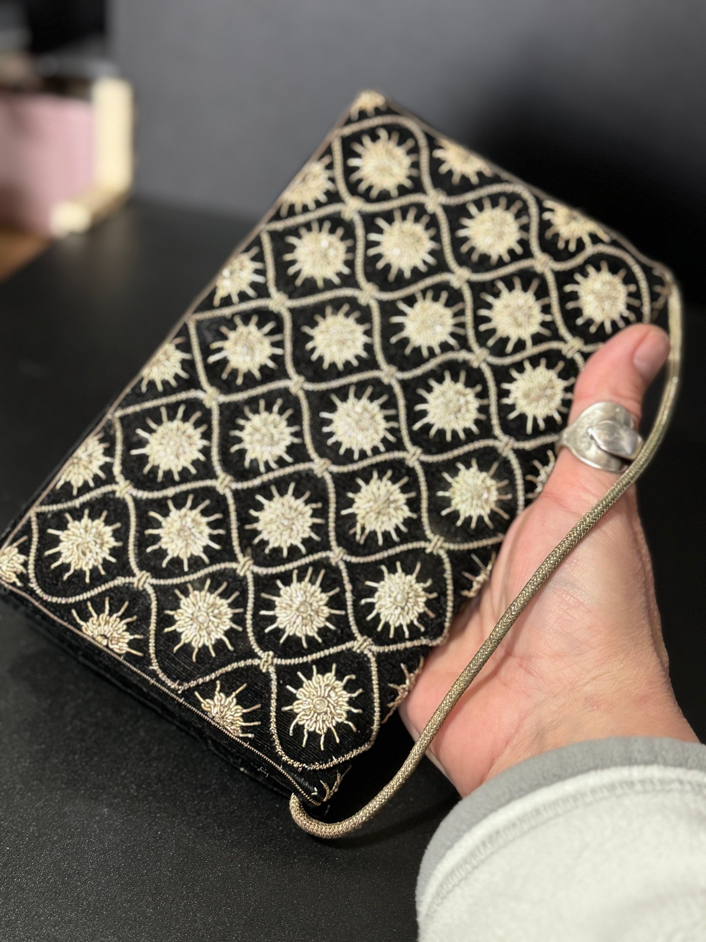 Vintage retro Indian zardozi evening bag purse black velvet gold wire thread work