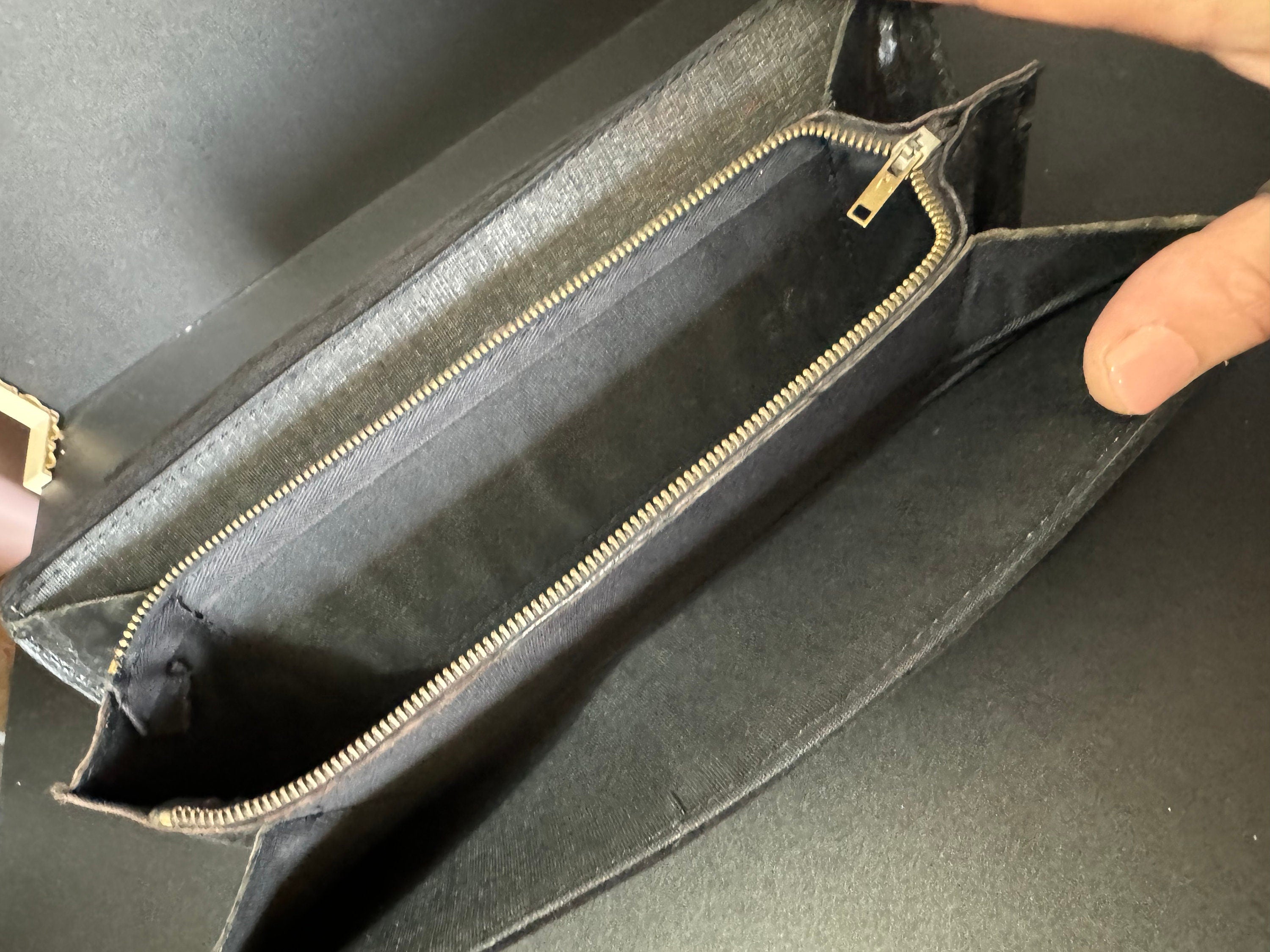 vintage black suede leather gold shoulder chain evening bag 1970s