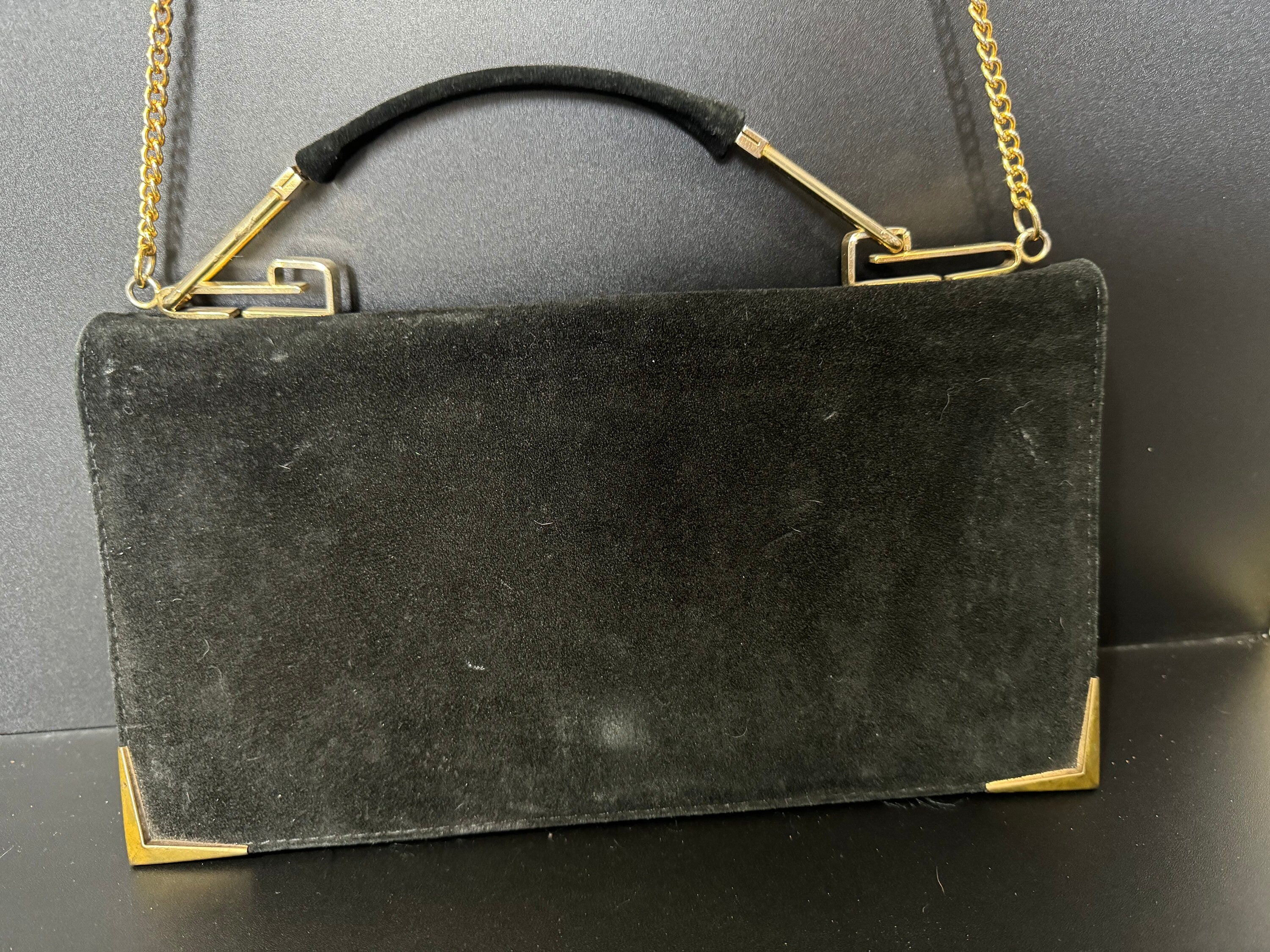 vintage black suede leather gold shoulder chain evening bag 1970s