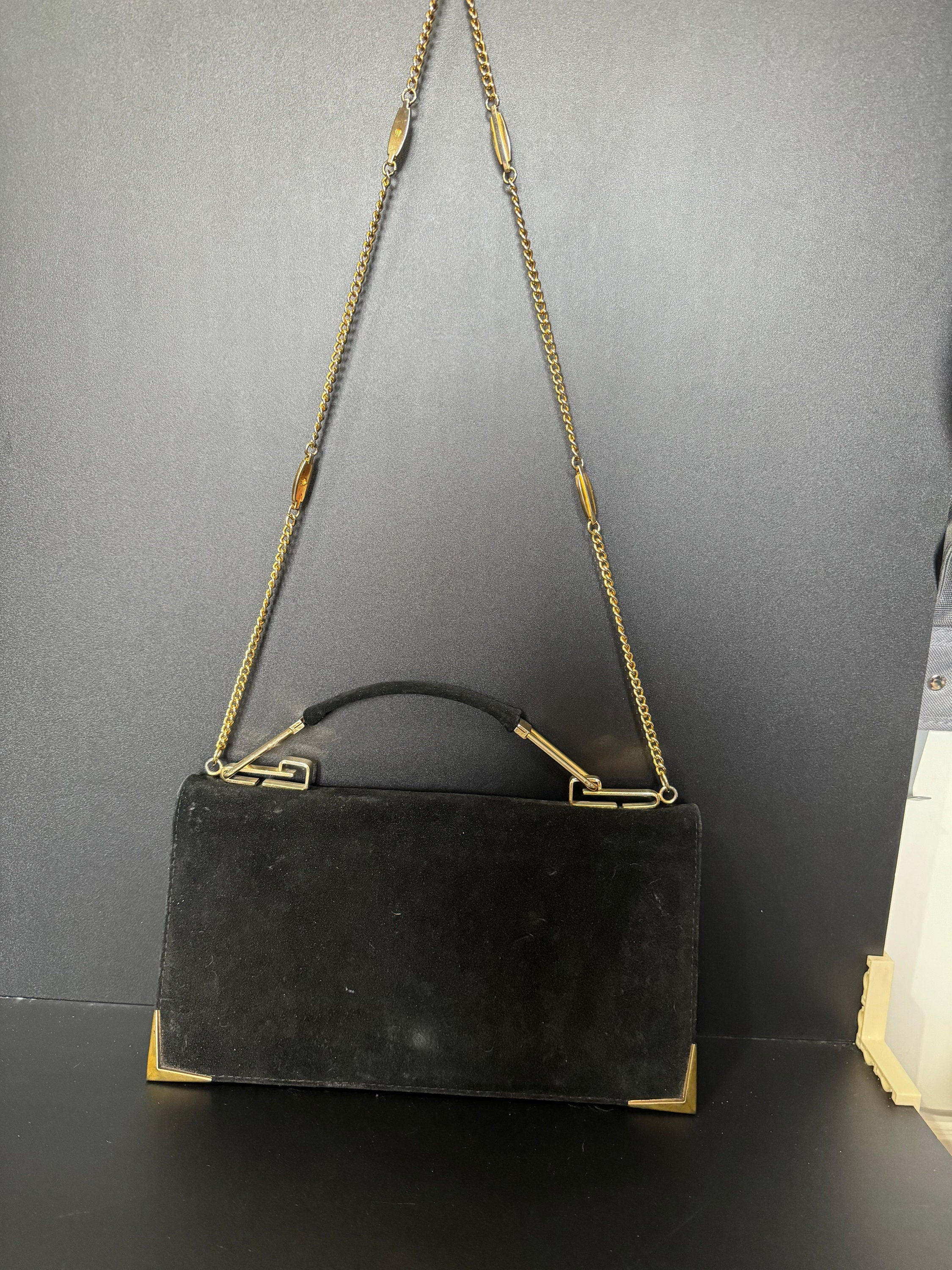 vintage black suede leather gold shoulder chain evening bag 1970s