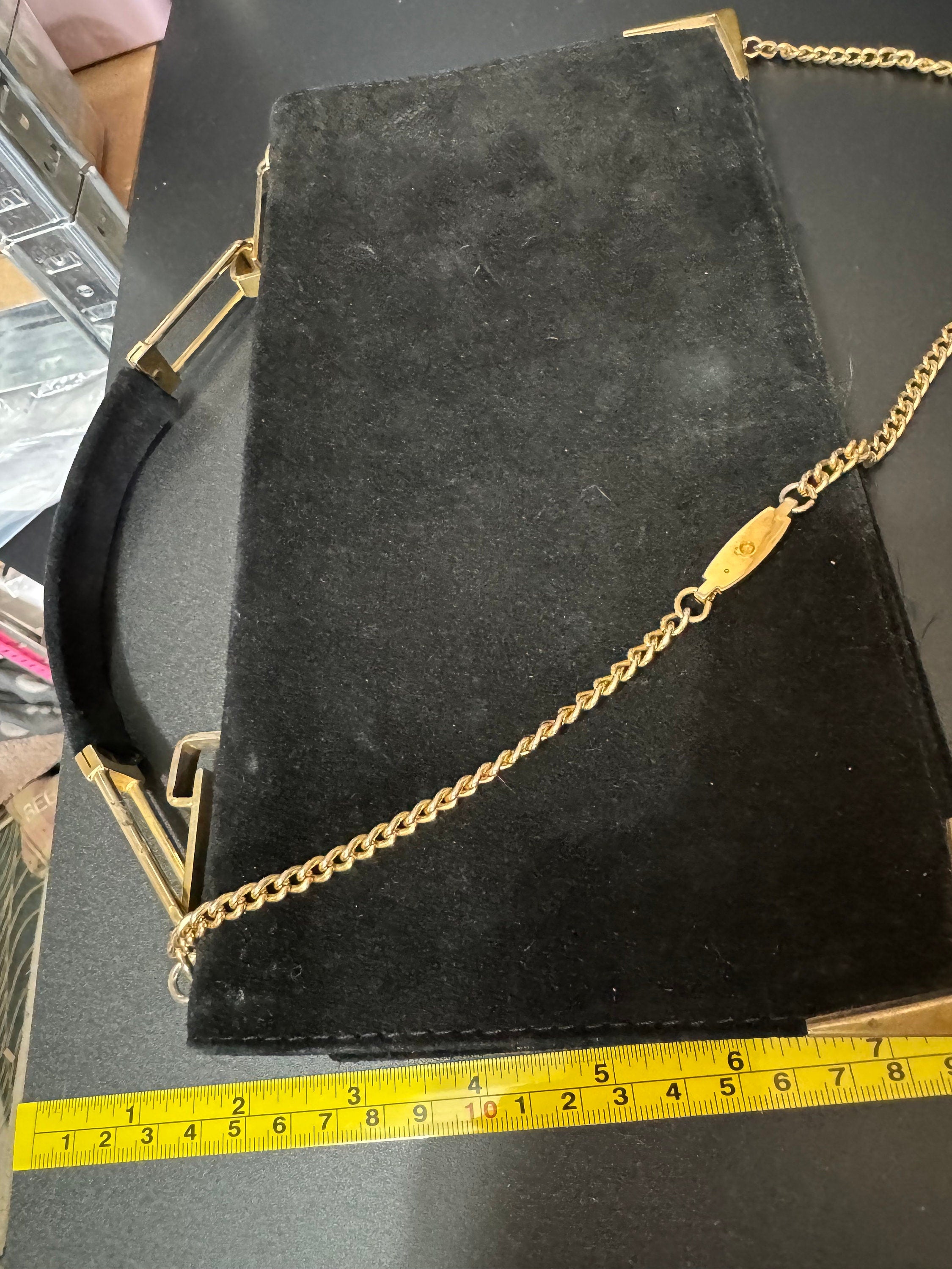 vintage black suede leather gold shoulder chain evening bag 1970s