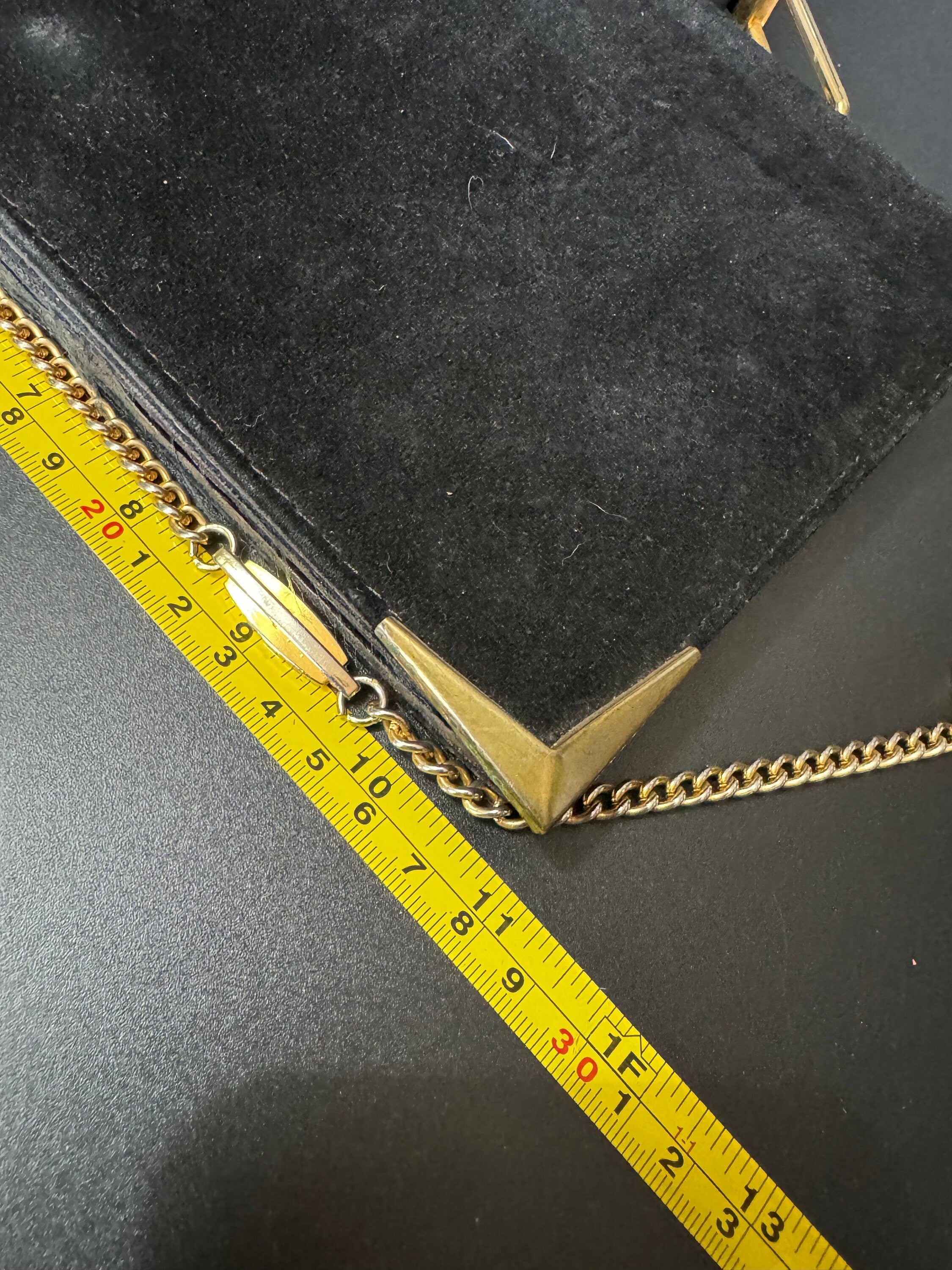 vintage black suede leather gold shoulder chain evening bag 1970s