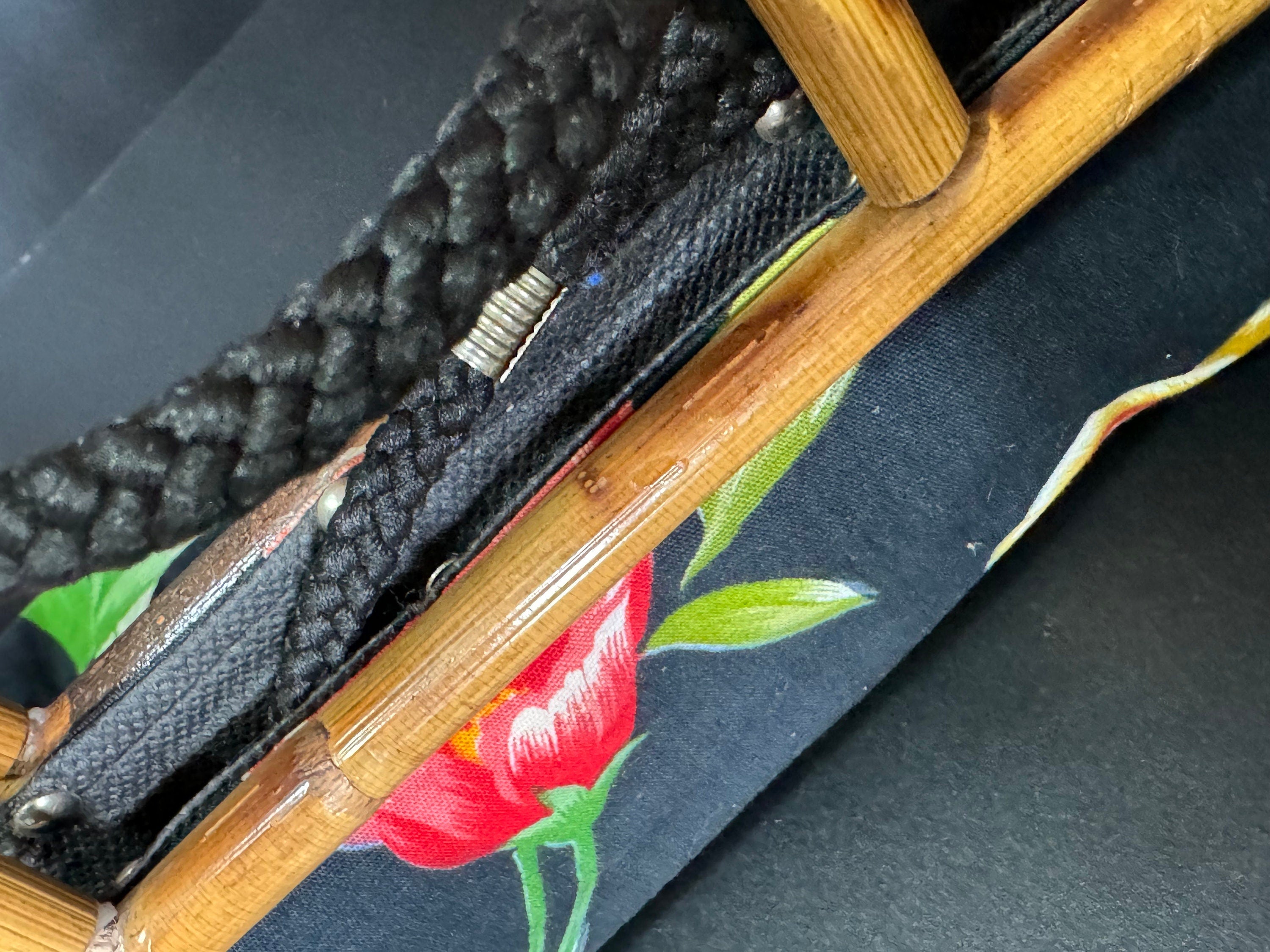 Retro Italian black red yellow green tropical floral bamboo framed handbag