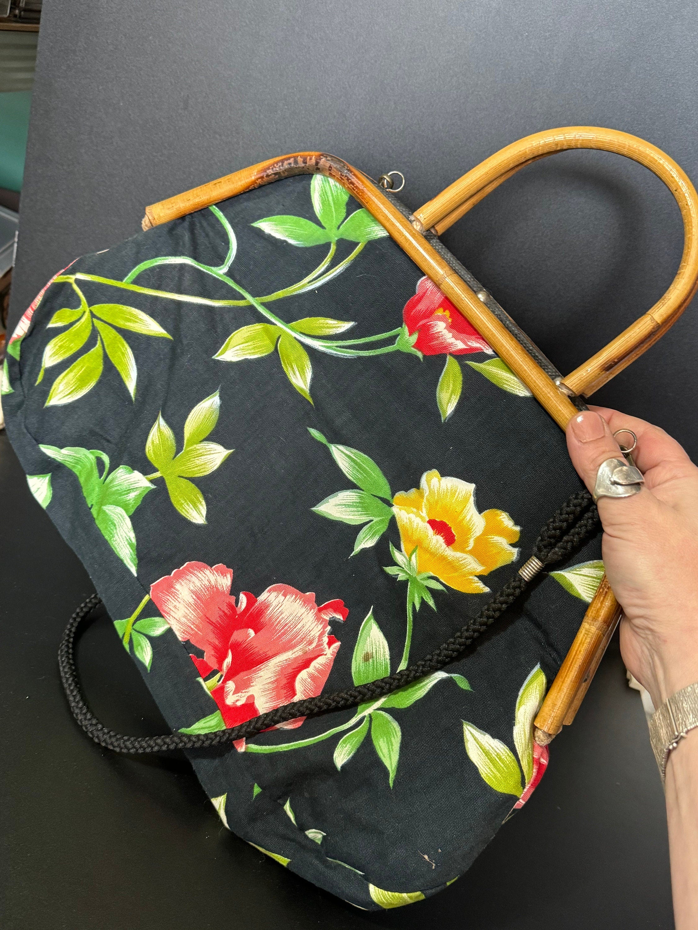 Retro Italian black red yellow green tropical floral bamboo framed handbag