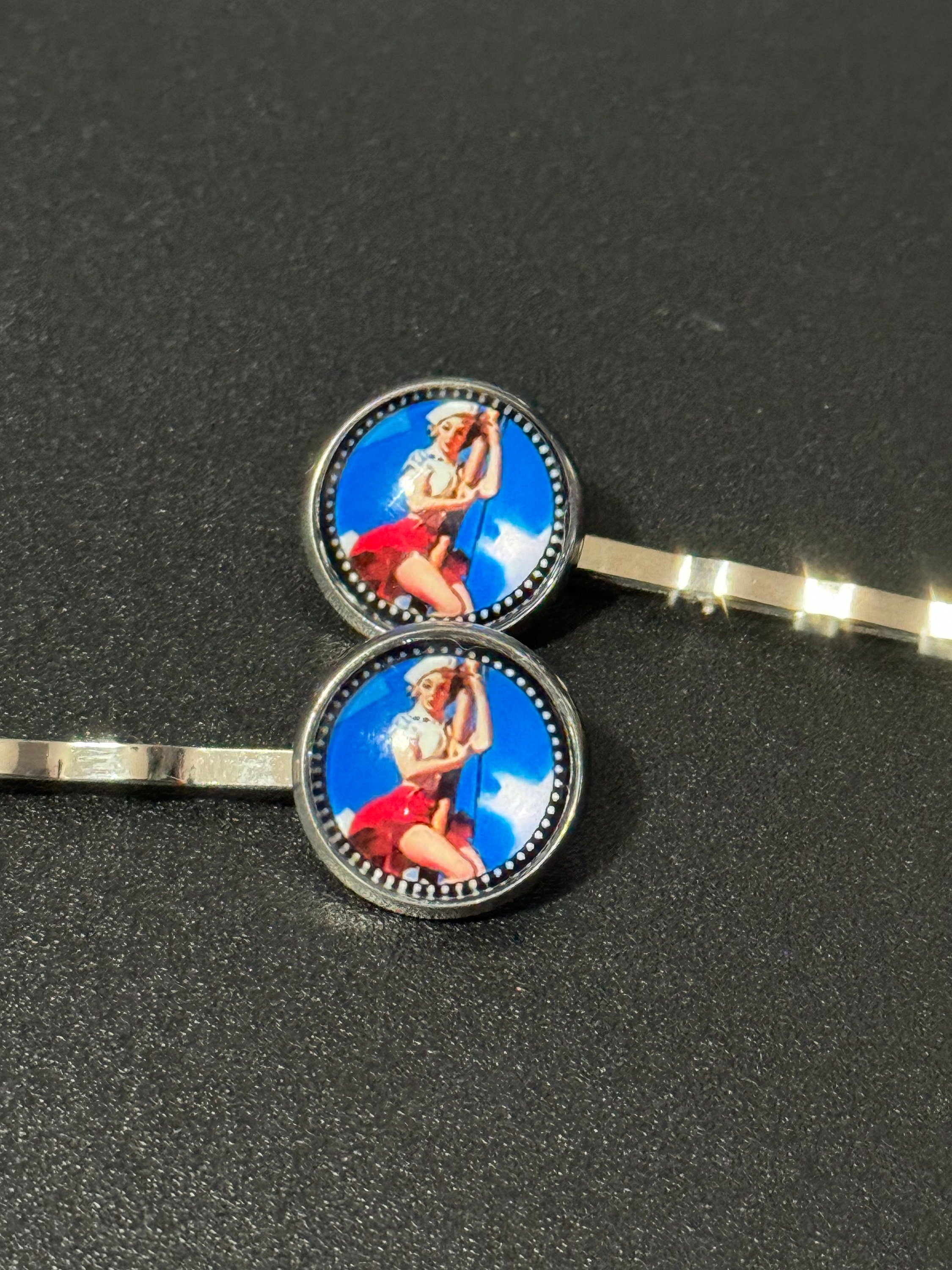 pin up girl model wavy hair slides, Vintage mid century style, silver tone clips with glass cabochons