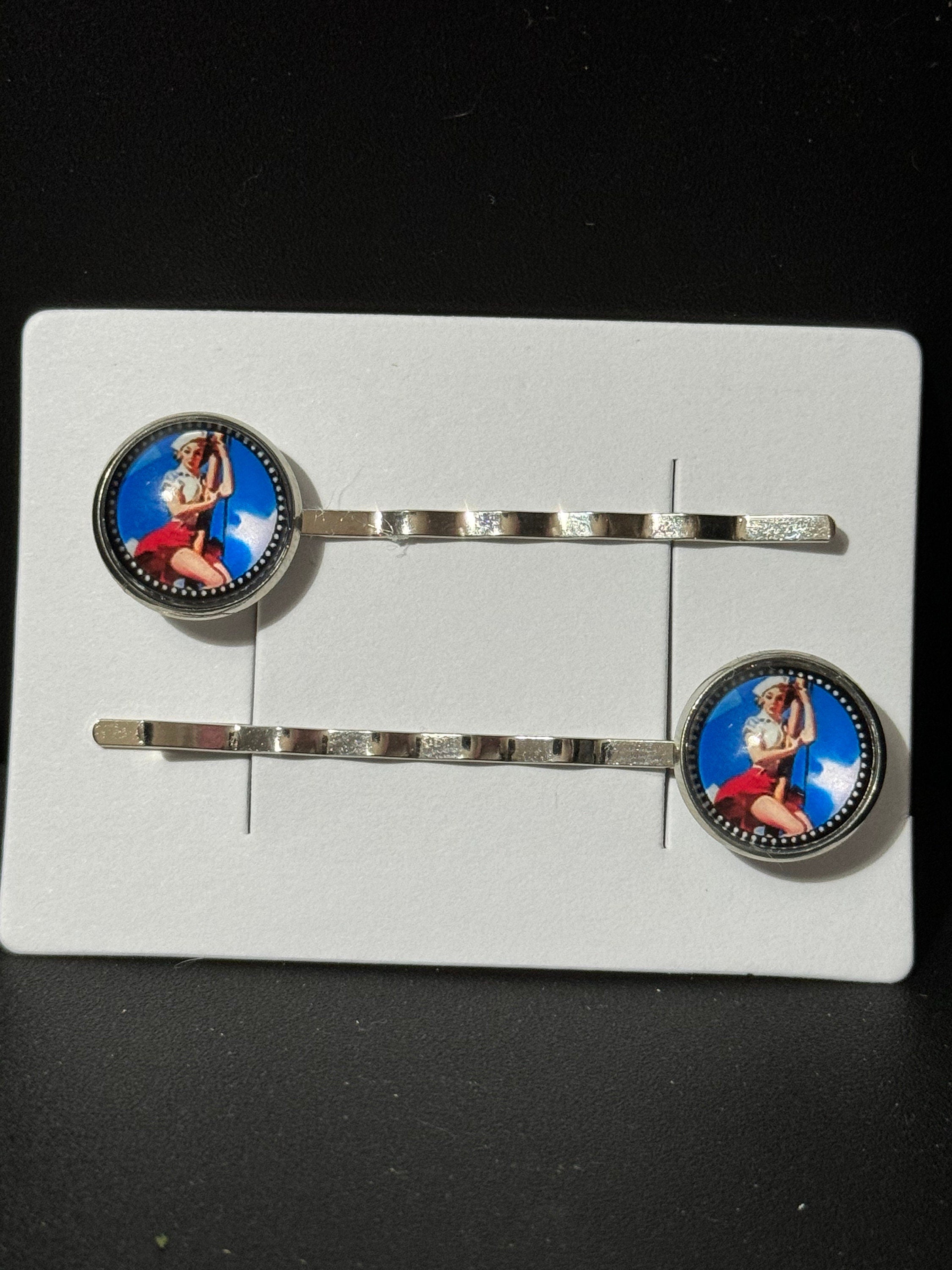 pin up girl model wavy hair slides, Vintage mid century style, silver tone clips with glass cabochons
