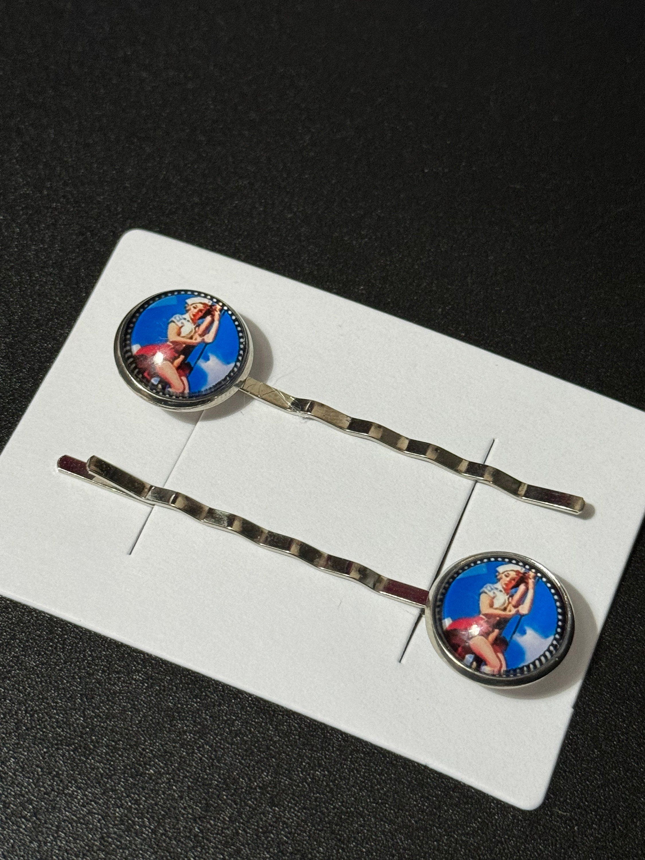 pin up girl model wavy hair slides, Vintage mid century style, silver tone clips with glass cabochons