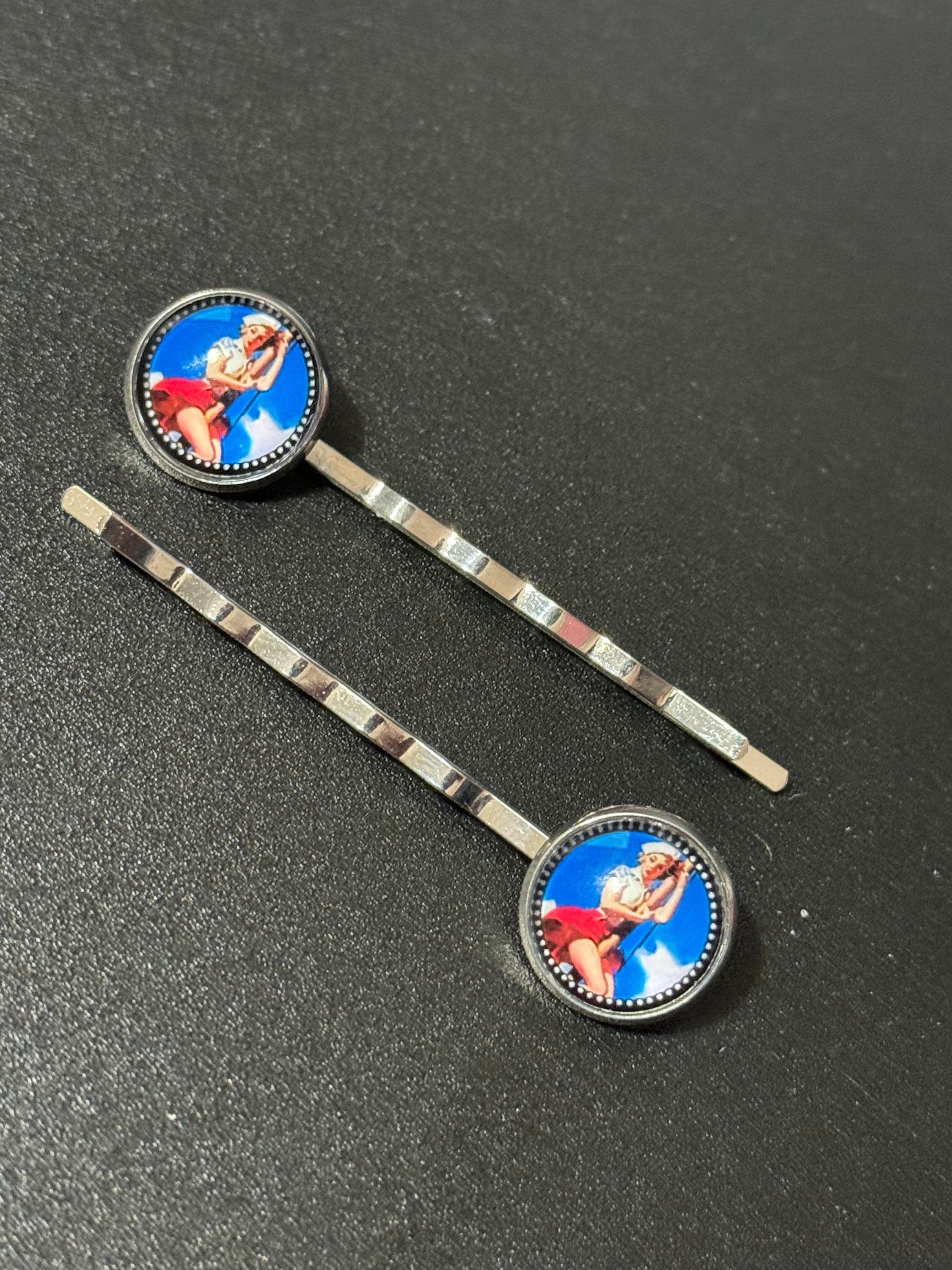 pin up girl model wavy hair slides, Vintage mid century style, silver tone clips with glass cabochons