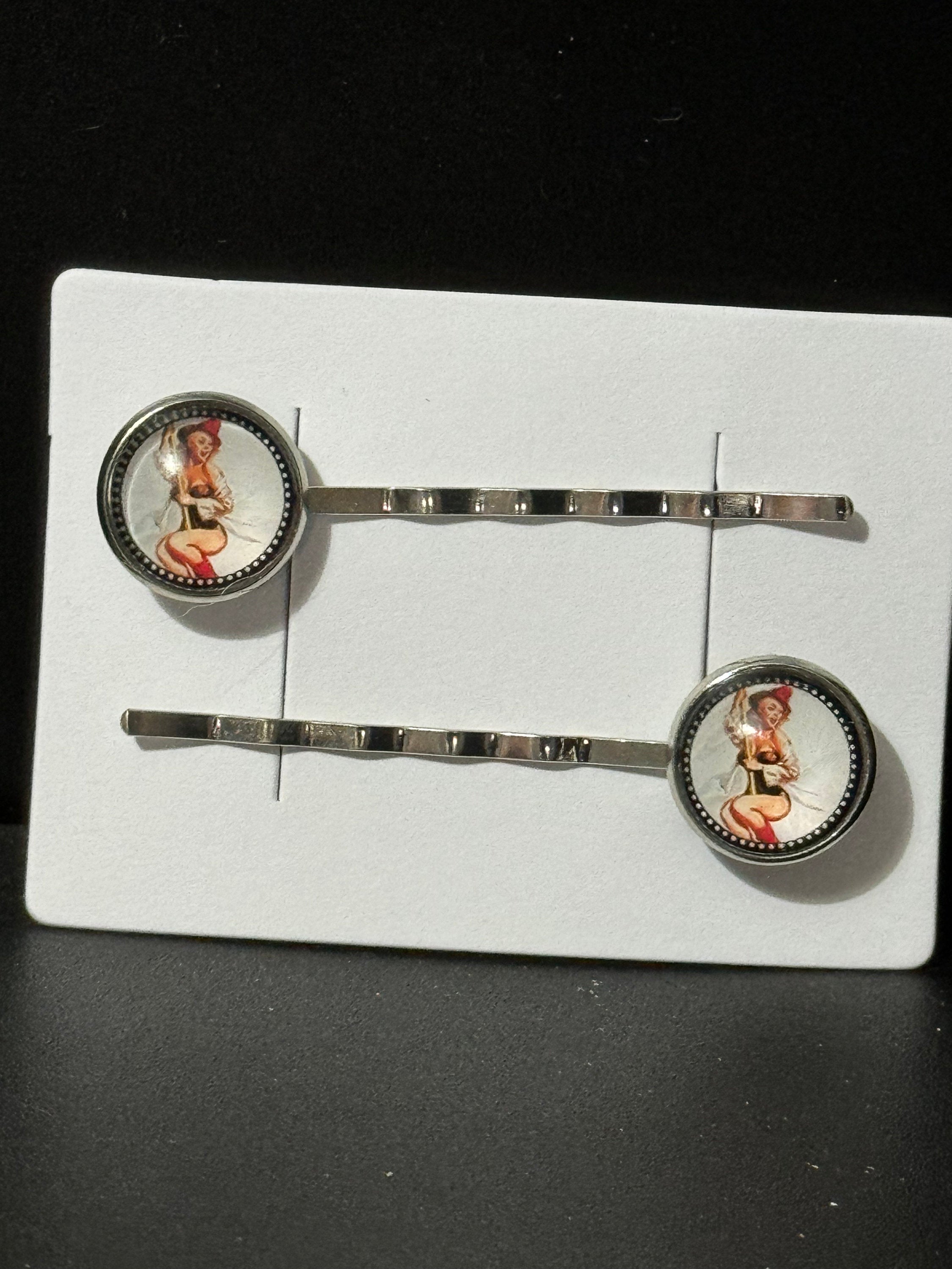 pin up girl model wavy hair slides, Vintage Hollywood glamour style, silver tone clips with glass cabochons