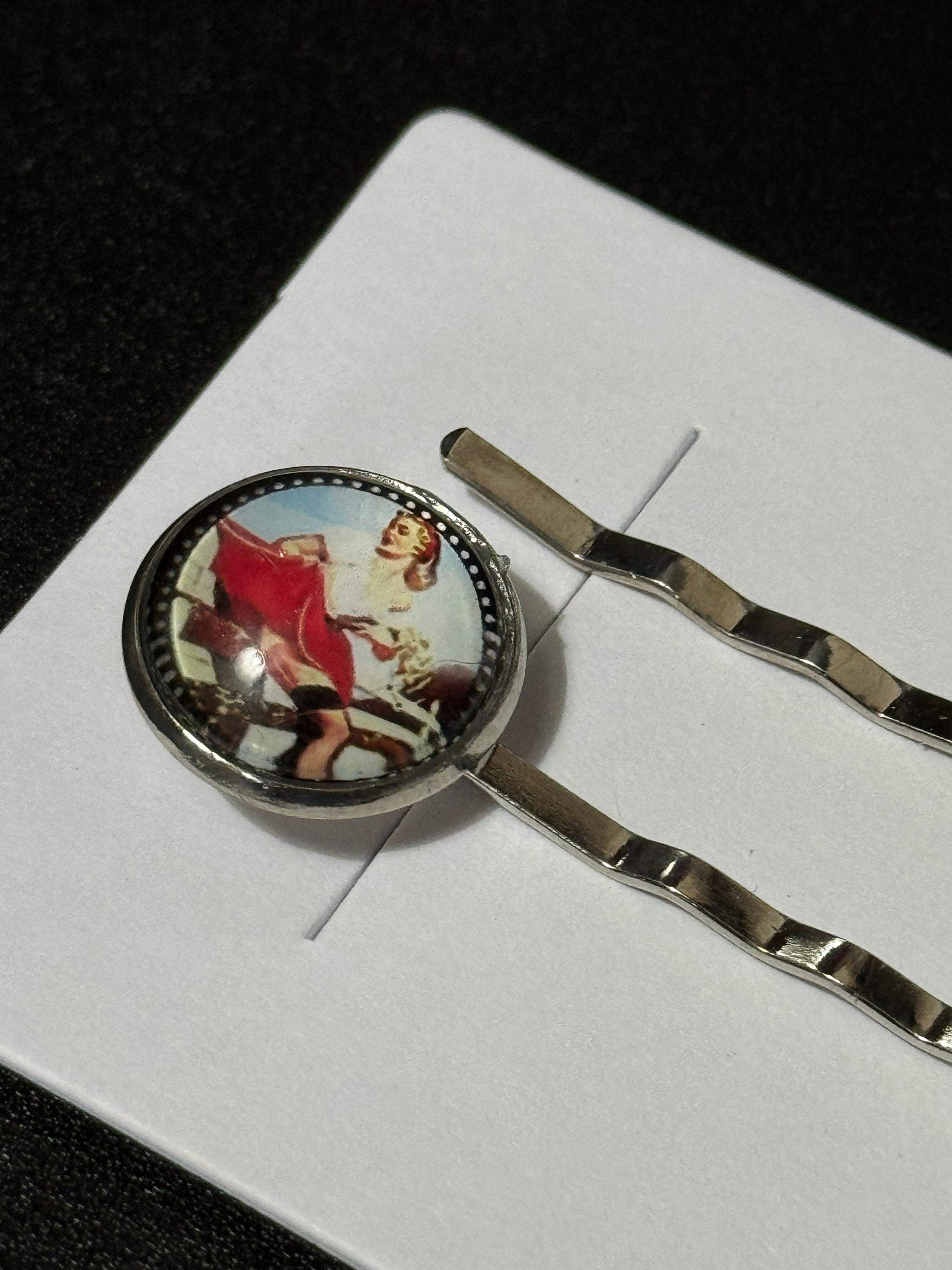 pin up girl model wavy hair slides, Vintage Hollywood glamour style, silver tone clips with glass cabochons, red