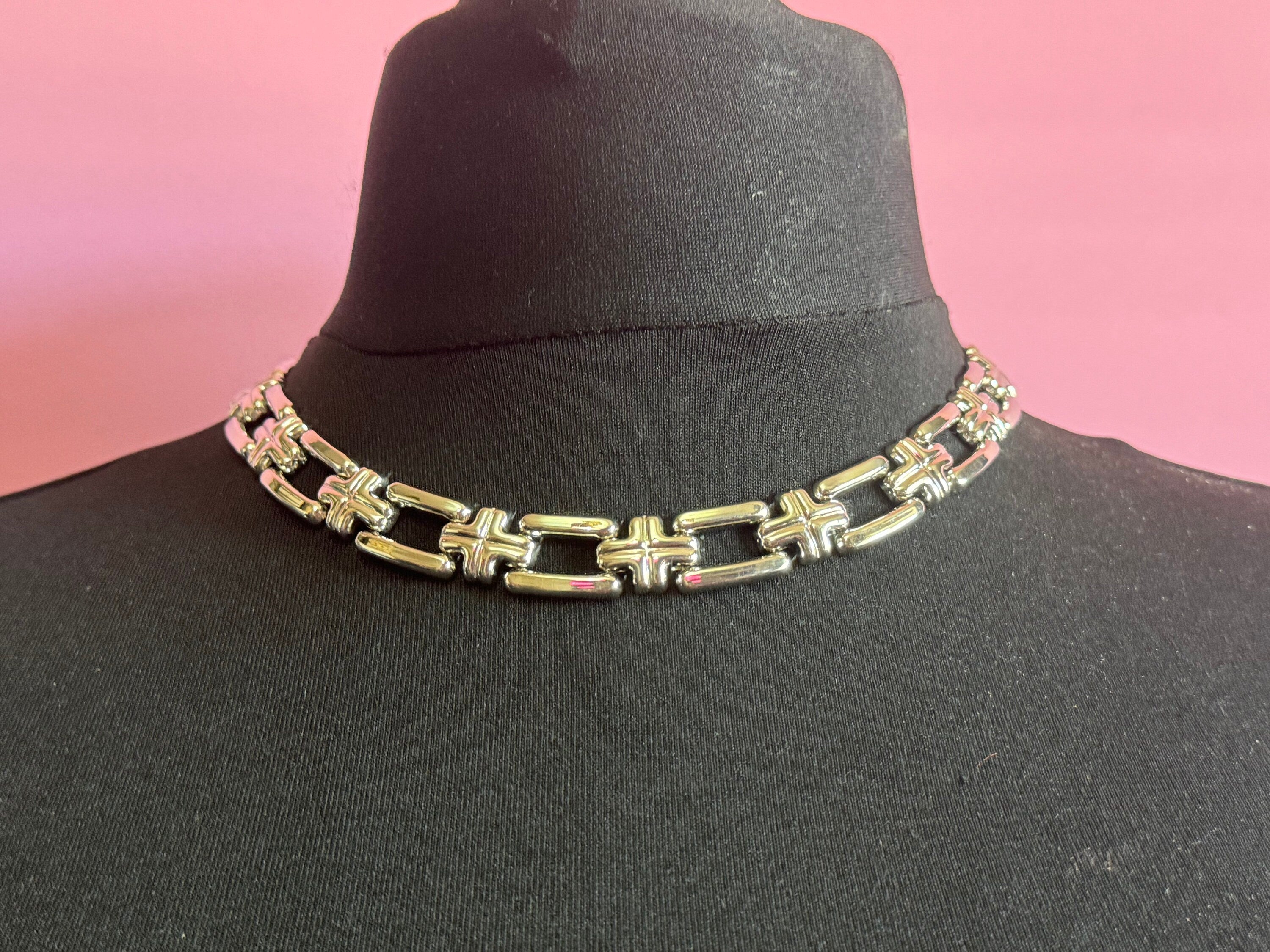 Vintage 1980s silver tone wide choker necklace old shop stock 45 x 1.5cm