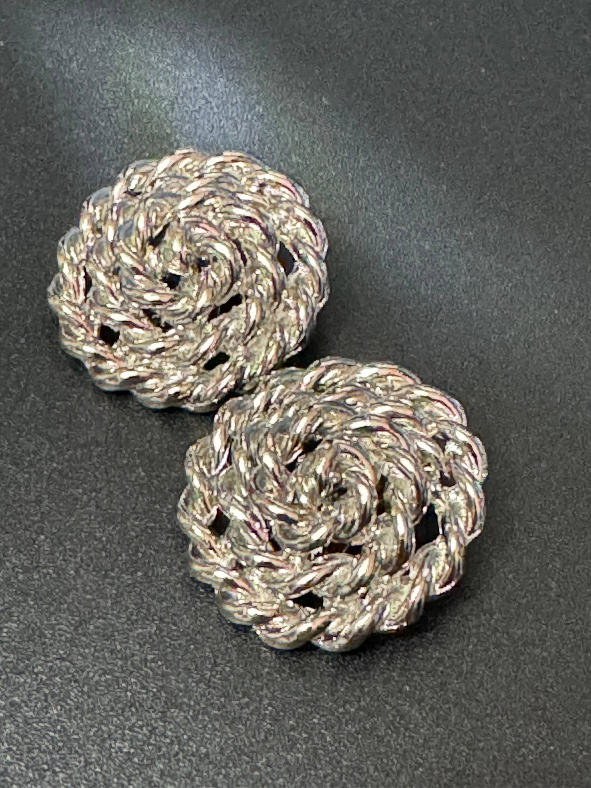 True vintage oversized 3.5cm silver tone nautical rope twist round clip on earrings